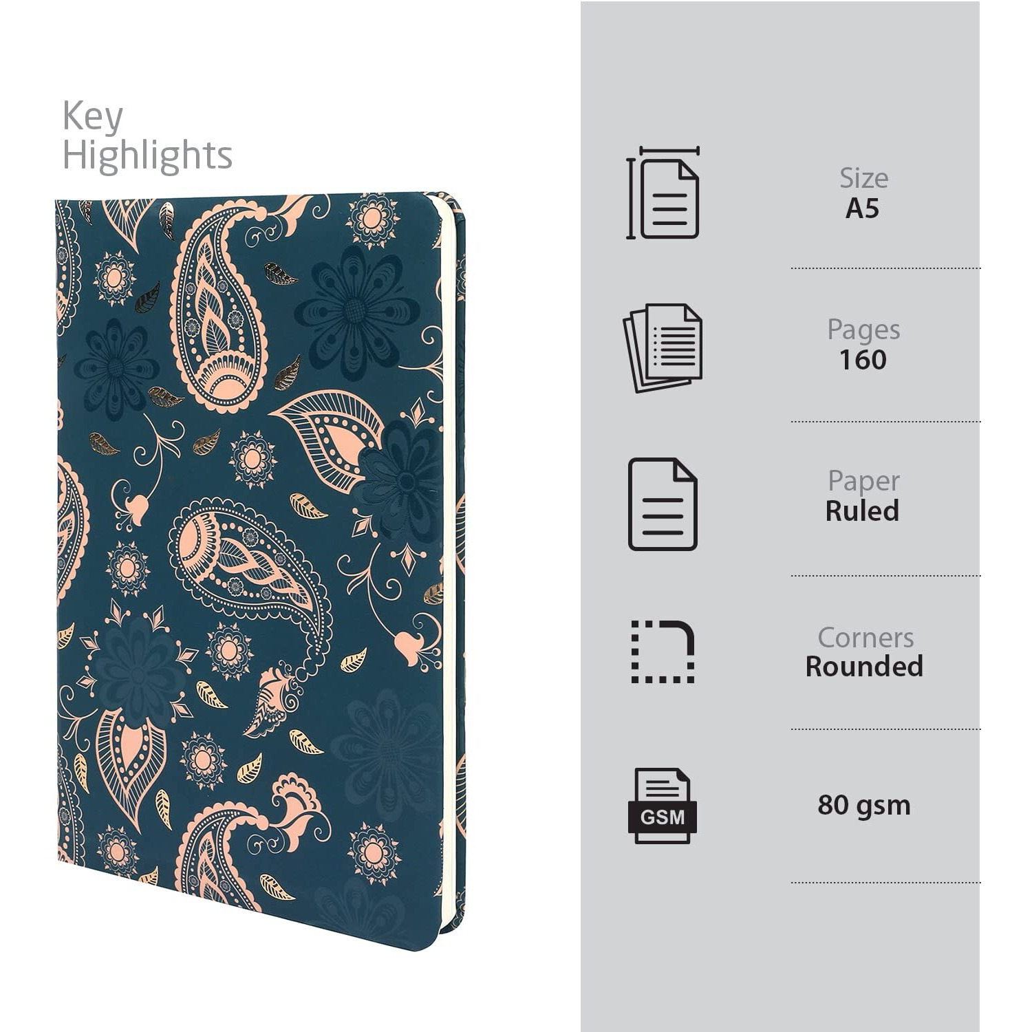 Doodle Hard Bound Notebook Diary With Bookmark - A5 I 160 Ruled Pages I 80 Gsm I Undated (Paisley Pattern)