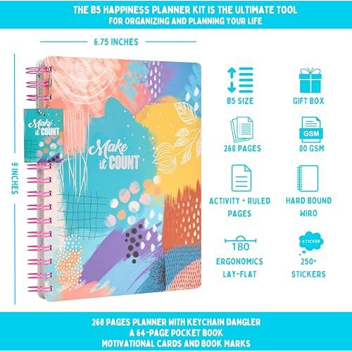 Doodle I The Happiness 2024 Planner Kit I Undated B5 Planner + 250+ Stickers + Bookmarks + Pocket Planner With Premium Gift Box | Tear Away Note Cards & Quote Cards | Activity Pages | To Do Lists I 268 Pages I 80 Gsm I Wiro Bound (Make It Count)