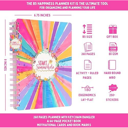 Doodle I The Happiness 2025 Planner Kit I Undated B5 Planner + 250+ Stickers + Bookmarks + Pocket Planner With Premium Gift Box | Tear Away Note Cards & Quote Cards | Activity Pages | To Do Lists I 268 Pages I 80 Gsm I Wiro Bound (Begin Bright)