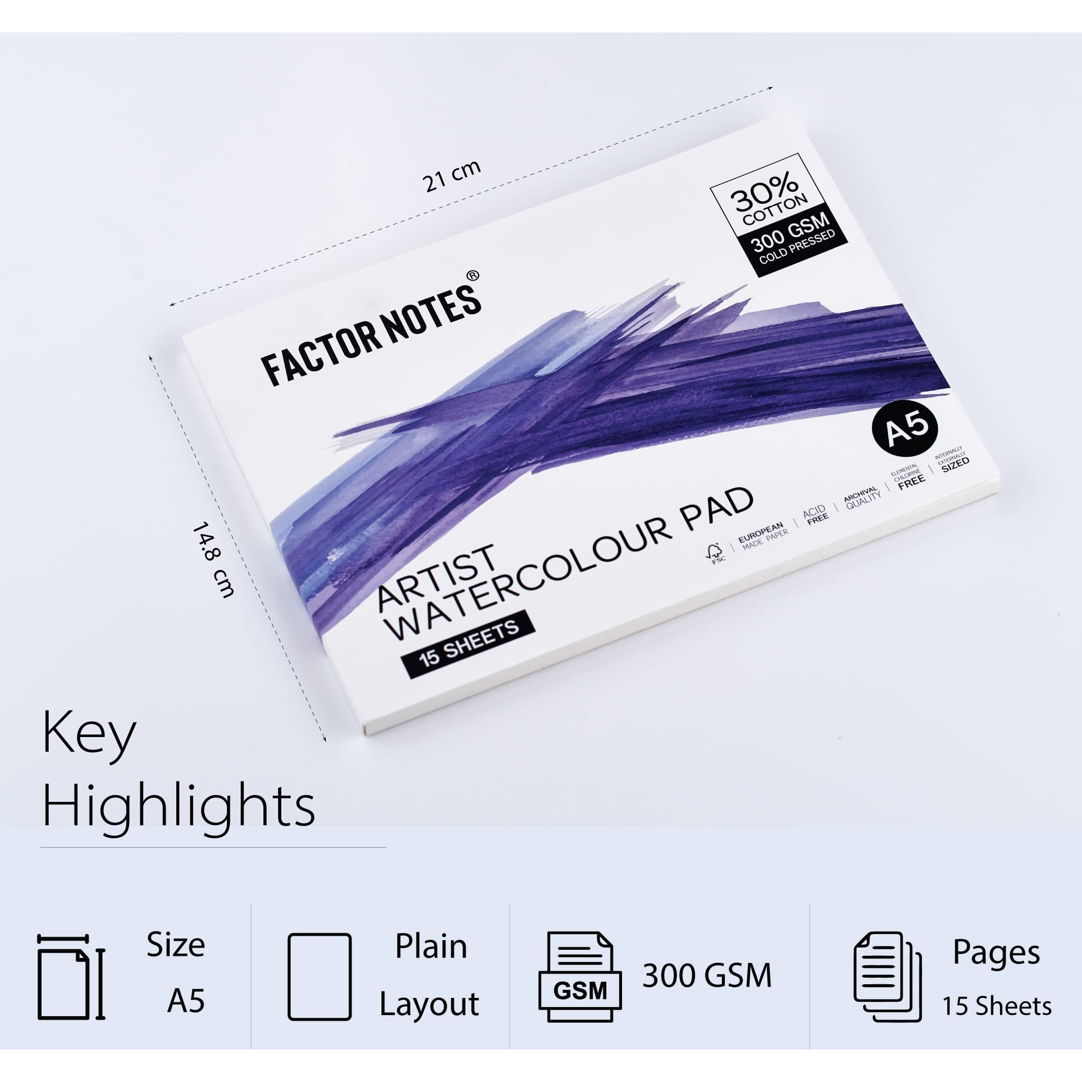 Factor Notes Artist Watercolour Pad 30% Cotton, 300 Gsm, Cold Pressed, Acid-Free Tearable Paper (A5), Oil Paint