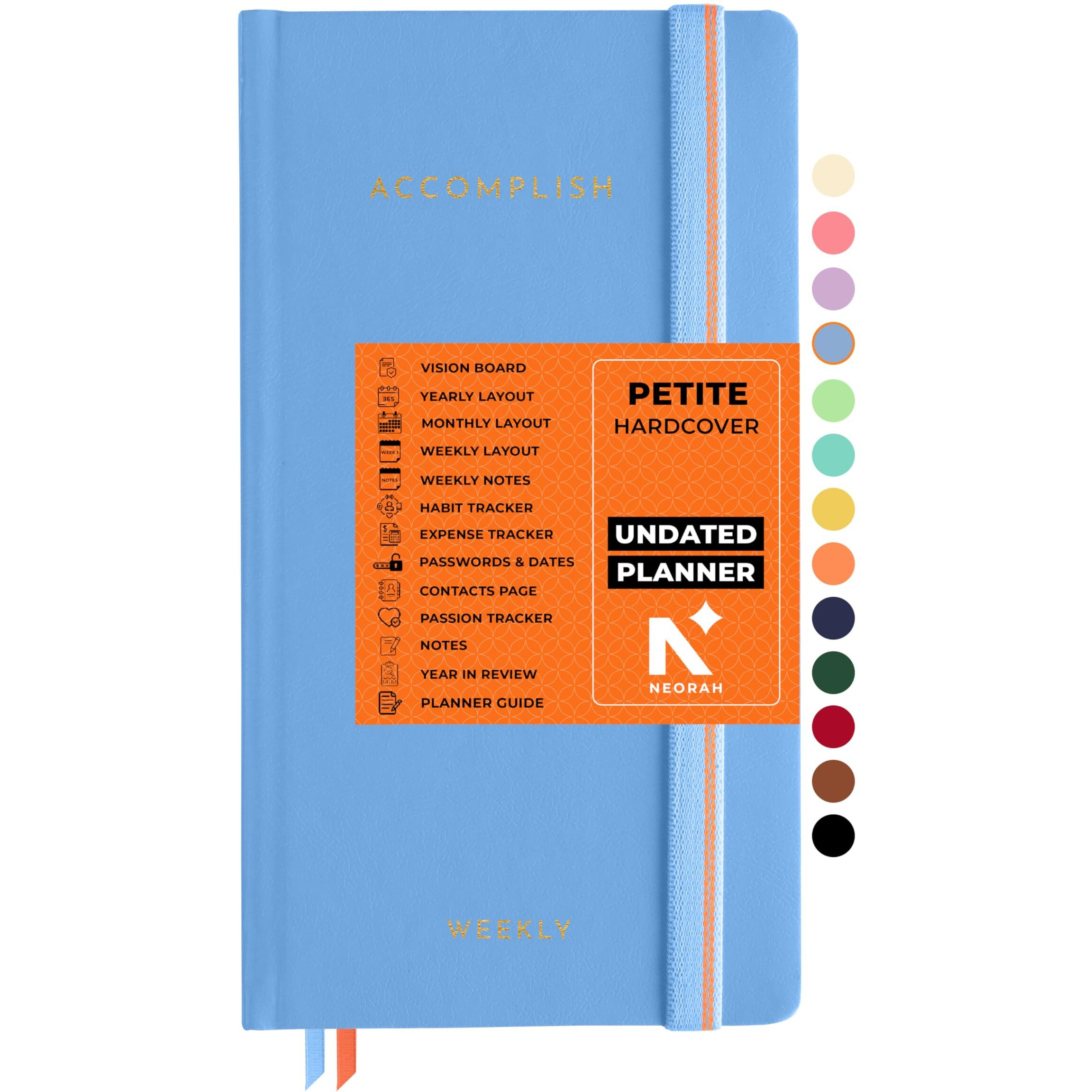Neorah  2025 Accomplish Undated Planner Petite | 12 Month Productivity Planner Diary Without Dates | Weekly | Monthly | 12 Month Budget Tracker | Gratitude Journal | Track Goals | Accomplishments | Things To Do | Habit Tracker Wheel | Passion | Password Log | Track Birthday Anniversary | Extra Notes - Planner For Pro Journal Notebook (Size 21.0 X 10.5Cm) | Undated Hardcover Planner (Light Blue)