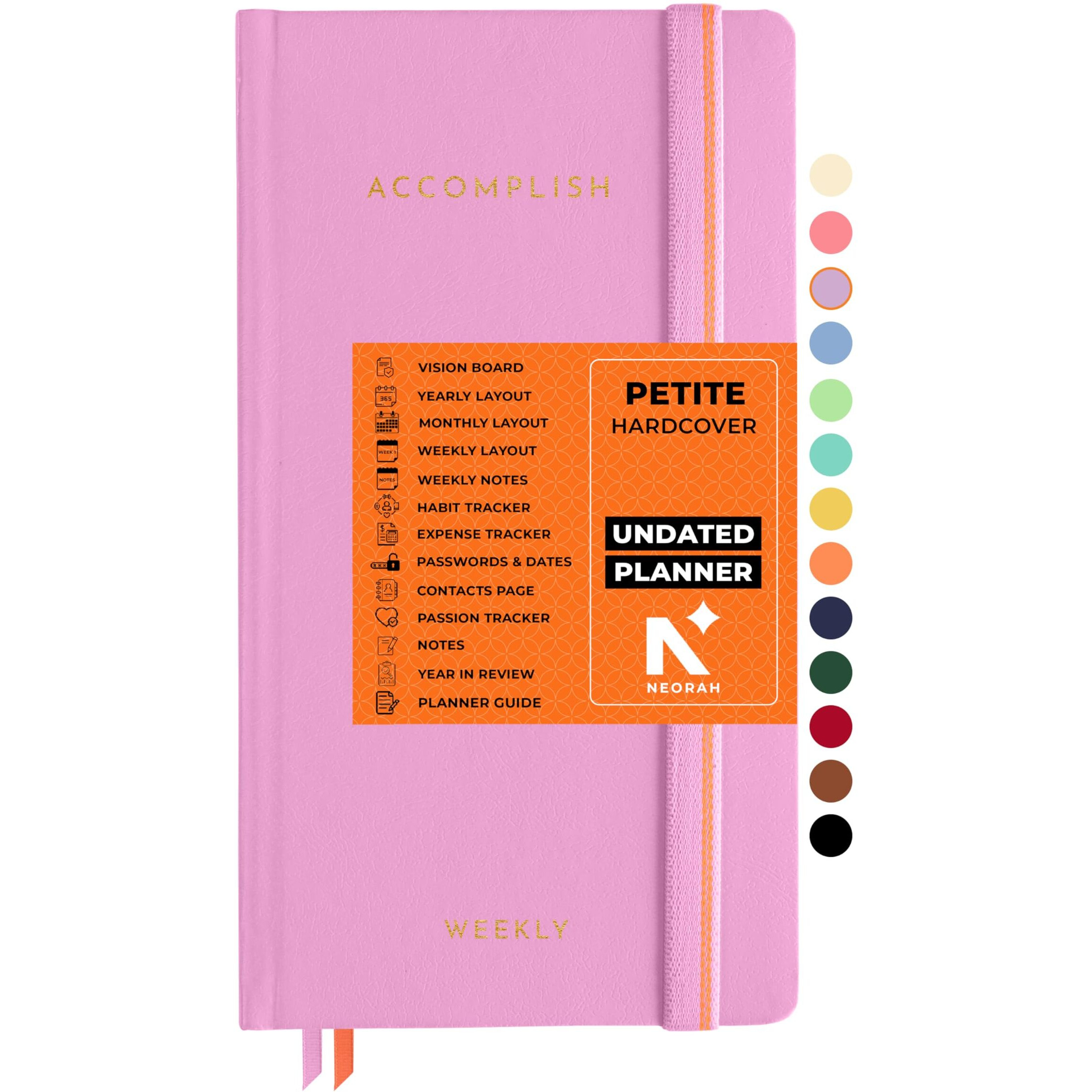 Neorah  2025 Accomplish Undated Planner Diary Petite | 12 Month Productivity Planner Without Dates | Weekly | Monthly | 12 Month Budget Tracker | Gratitude Journal | Track Goals | Accomplishments | Things To Do | Habit Tracker Wheel | Passion | Password Log | Track Birthday Anniversary | Extra Notes - Planner For Pro Journal Notebook (Size 21.0 X 10.5Cm) | Undated Hardcover Planner (Lavender)