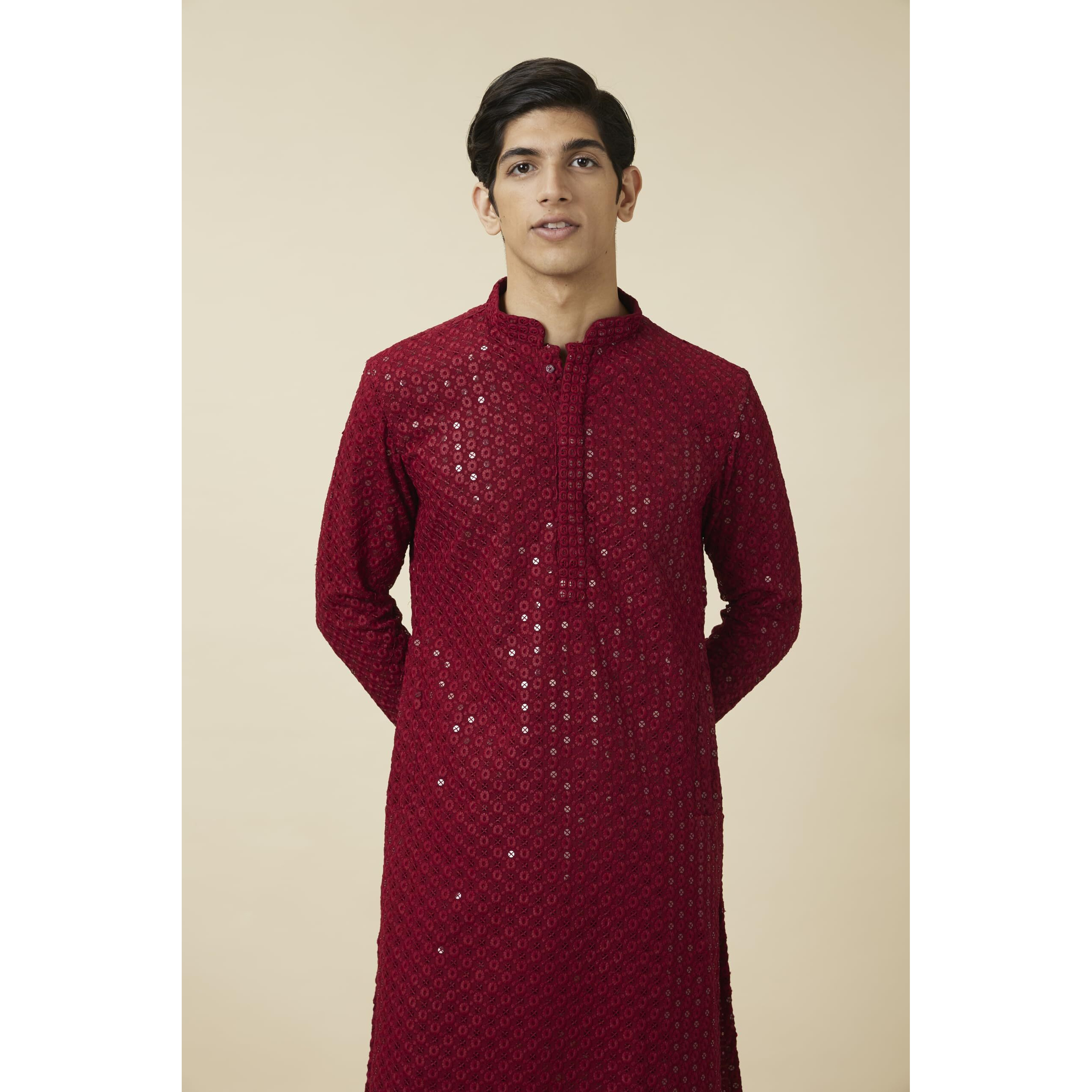 Manyavar Men's Viscose Embroidered Full Sleeves Knee Length Kurta Set (Maroon, L)