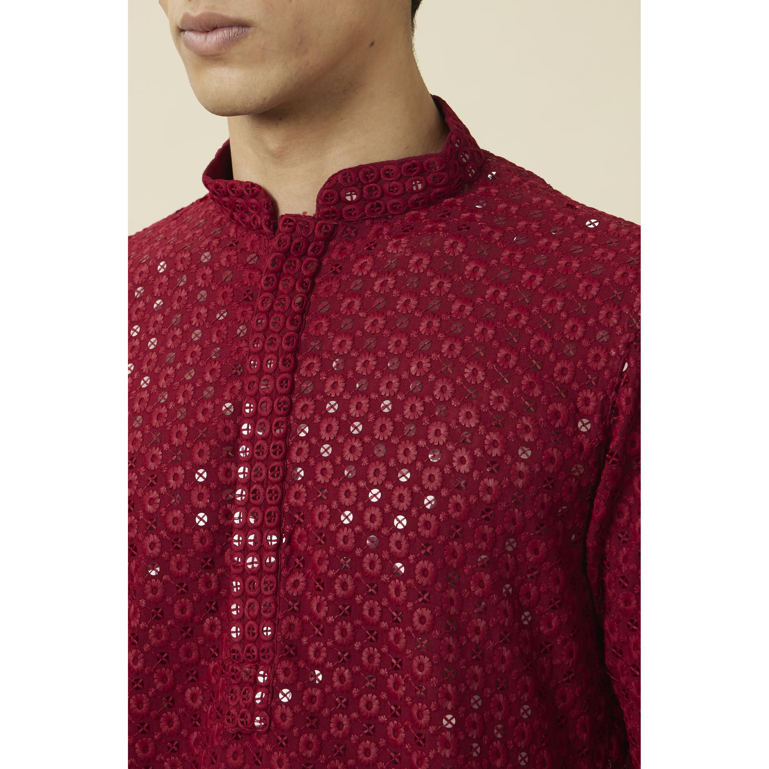 Manyavar Men's Viscose Embroidered Full Sleeves Knee Length Kurta Set (Maroon, L)