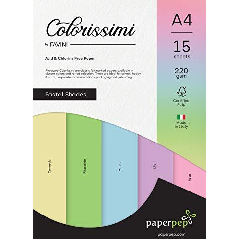 Paper Pep Colorissimi Card Stock 220Gsm A4 Pastel Shades Assorted Pack Of 15 Sheets