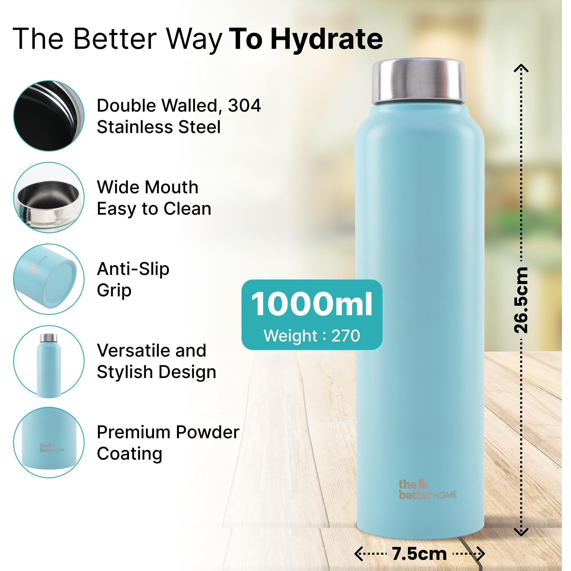 The Better Home Stainless Steel Water Bottle 1 Litre | Leak Proof, Durable & Rust Proof | Non-Toxic & Bpa Free Steel Bottles 1+ Litre | Eco Friendly Stainless Steel Water Bottle (Pack Of 1)