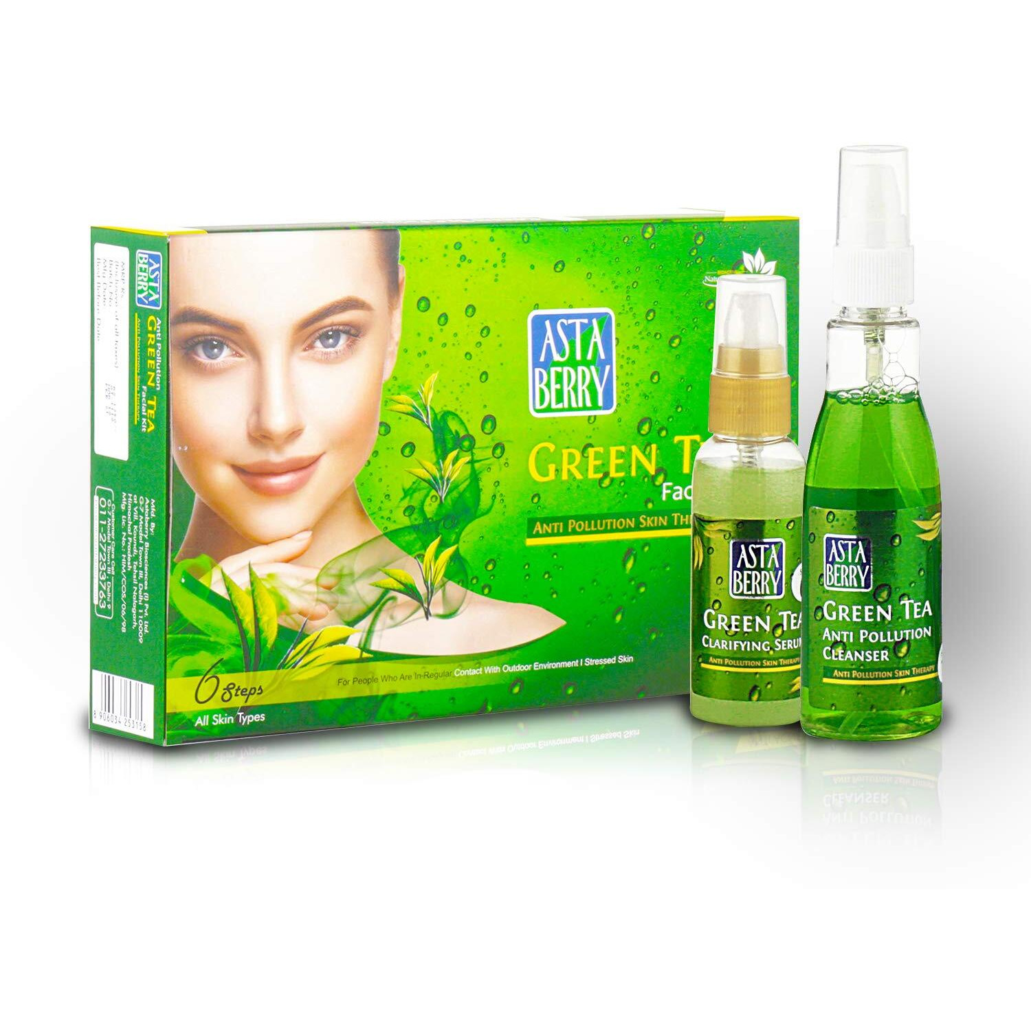 Astaberry Green Tea Facial Kit 6 Steps For All Skin Types - Anti Pollution Skin Care | Skin Elasticity | Fights Skin Damage & Relaxing And Soothing | With Neem & Olive