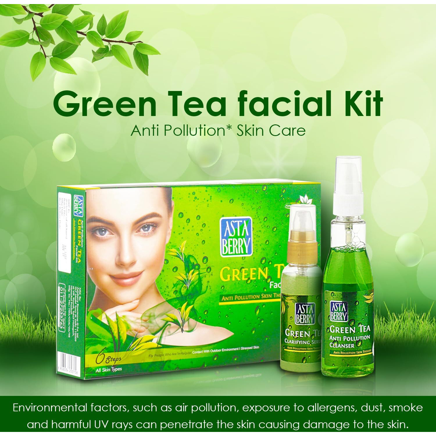 Astaberry Green Tea Facial Kit 6 Steps For All Skin Types - Anti Pollution Skin Care | Skin Elasticity | Fights Skin Damage & Relaxing And Soothing | With Neem & Olive