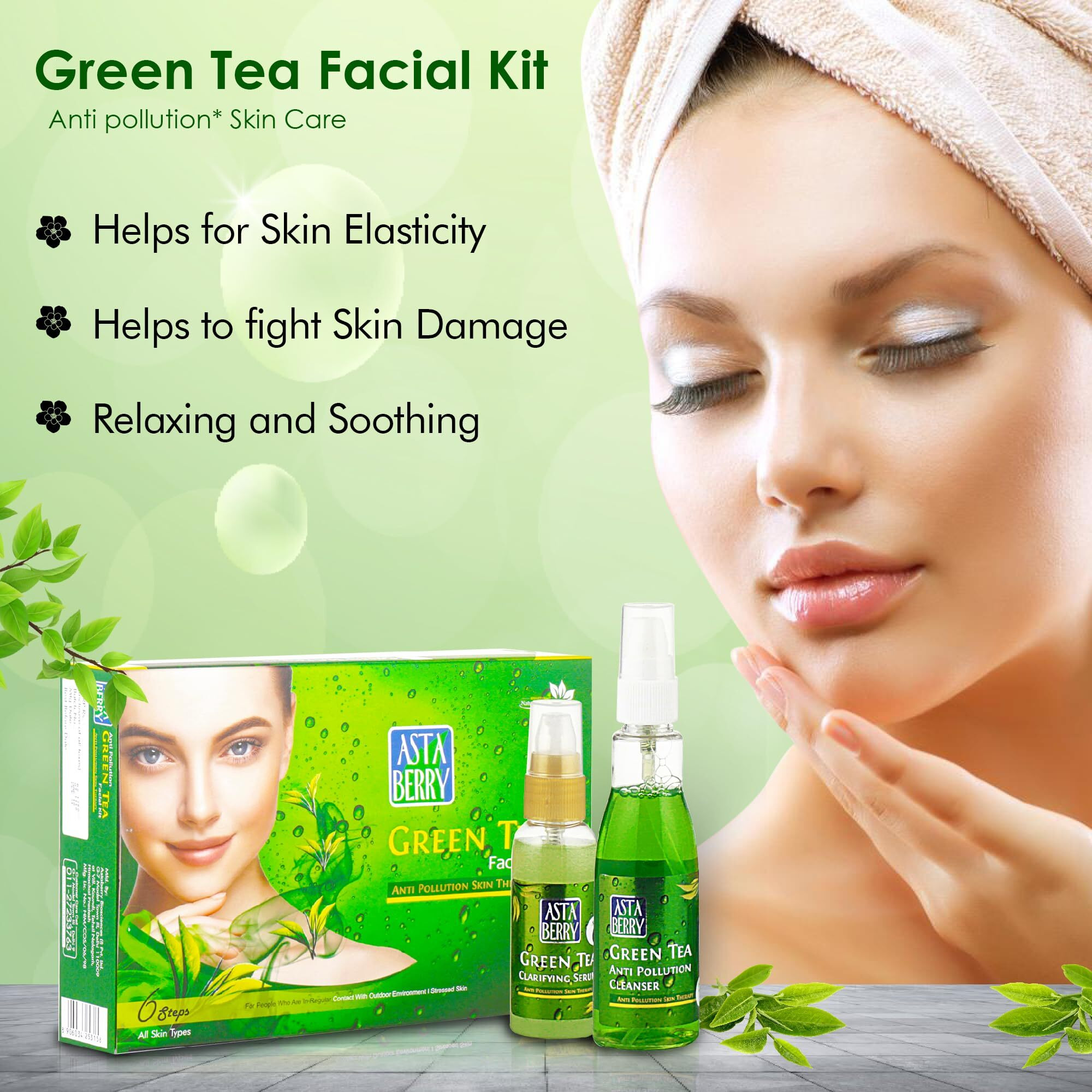 Astaberry Green Tea Facial Kit 6 Steps For All Skin Types - Anti Pollution Skin Care | Skin Elasticity | Fights Skin Damage & Relaxing And Soothing | With Neem & Olive