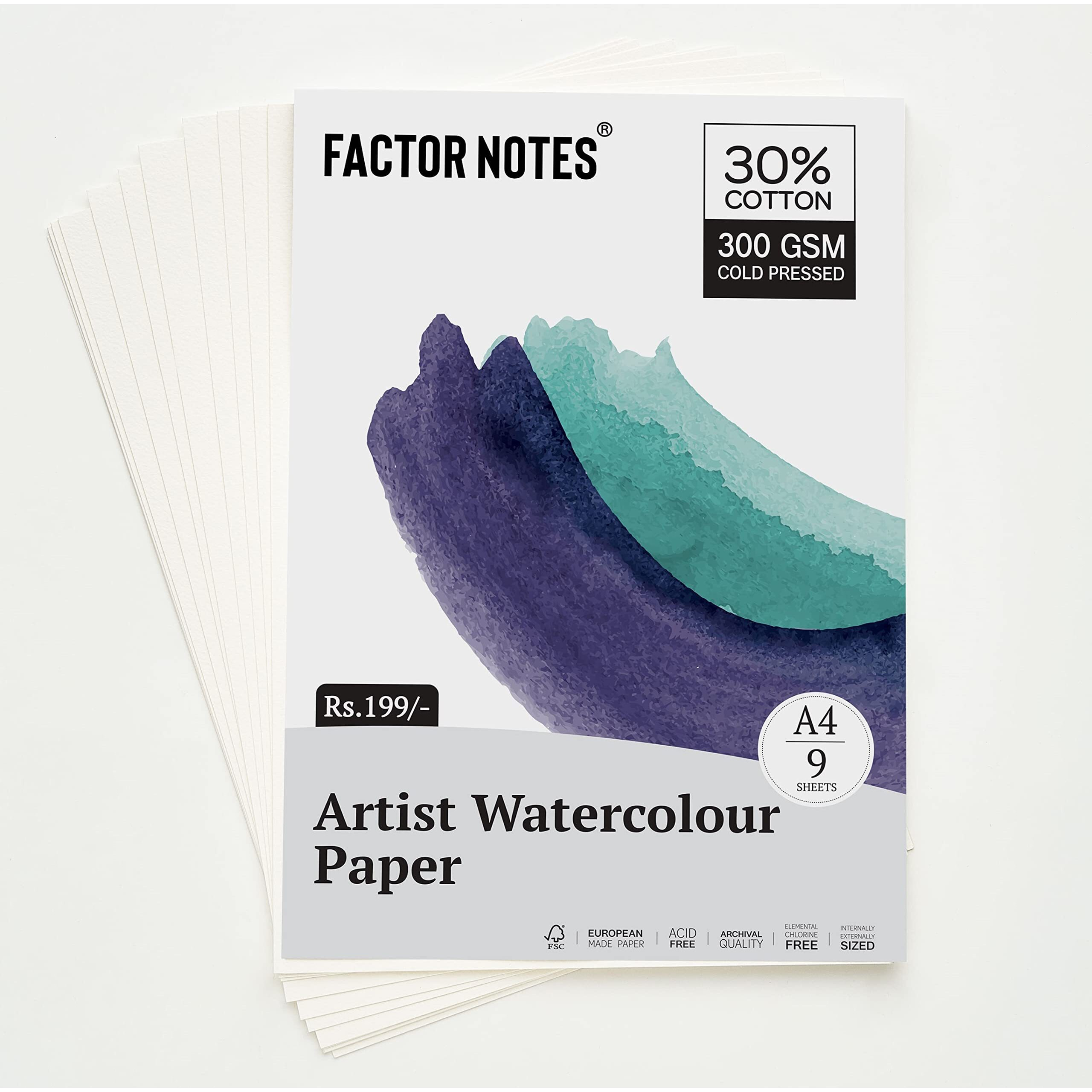 Factor Notes A4 Watercolour Sheet 300 Gsm|30% Cotton | 9 Sheets | Cold-Pressed|Acidfree, Watercolor