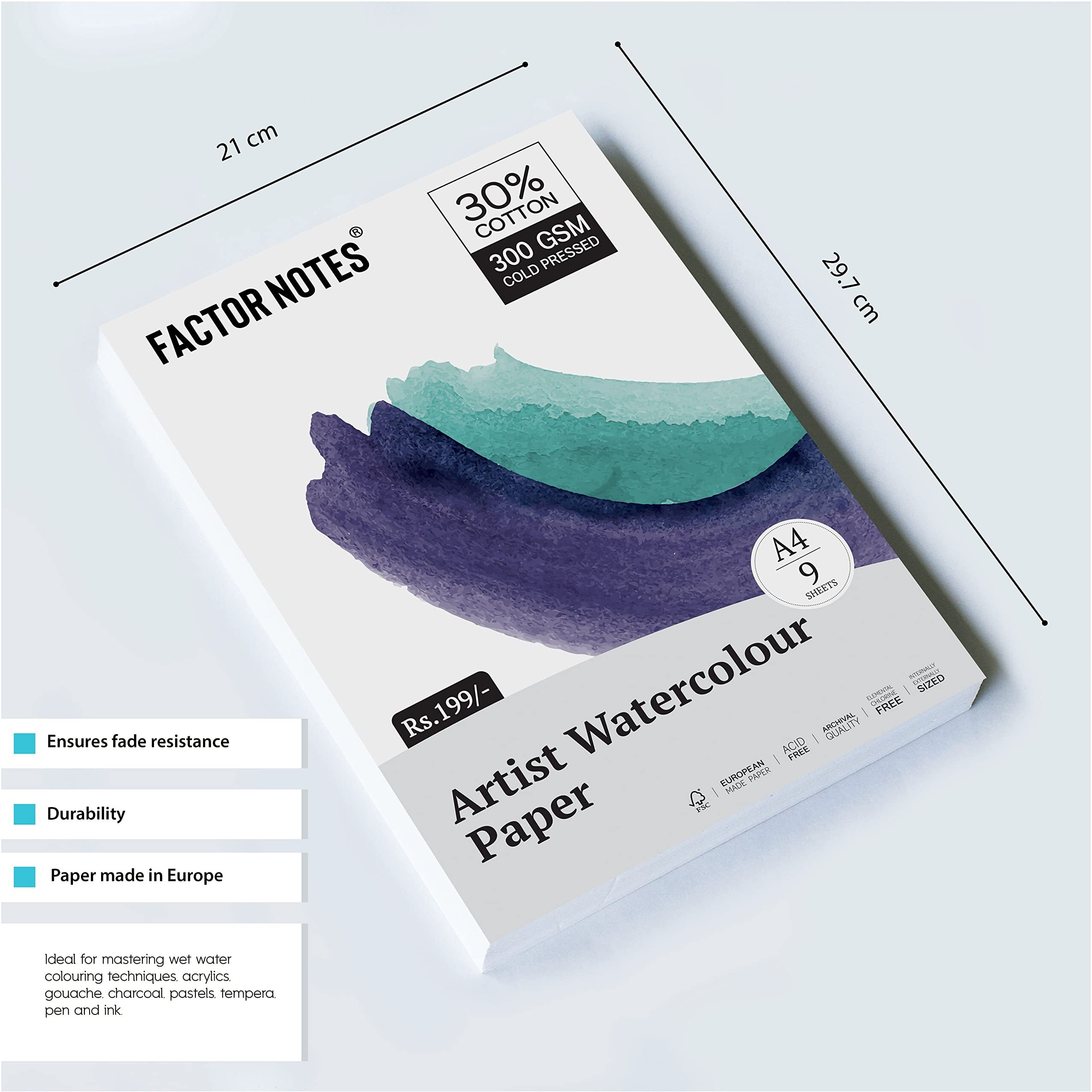 Factor Notes A4 Watercolour Sheet 300 Gsm|30% Cotton | 9 Sheets | Cold-Pressed|Acidfree, Watercolor