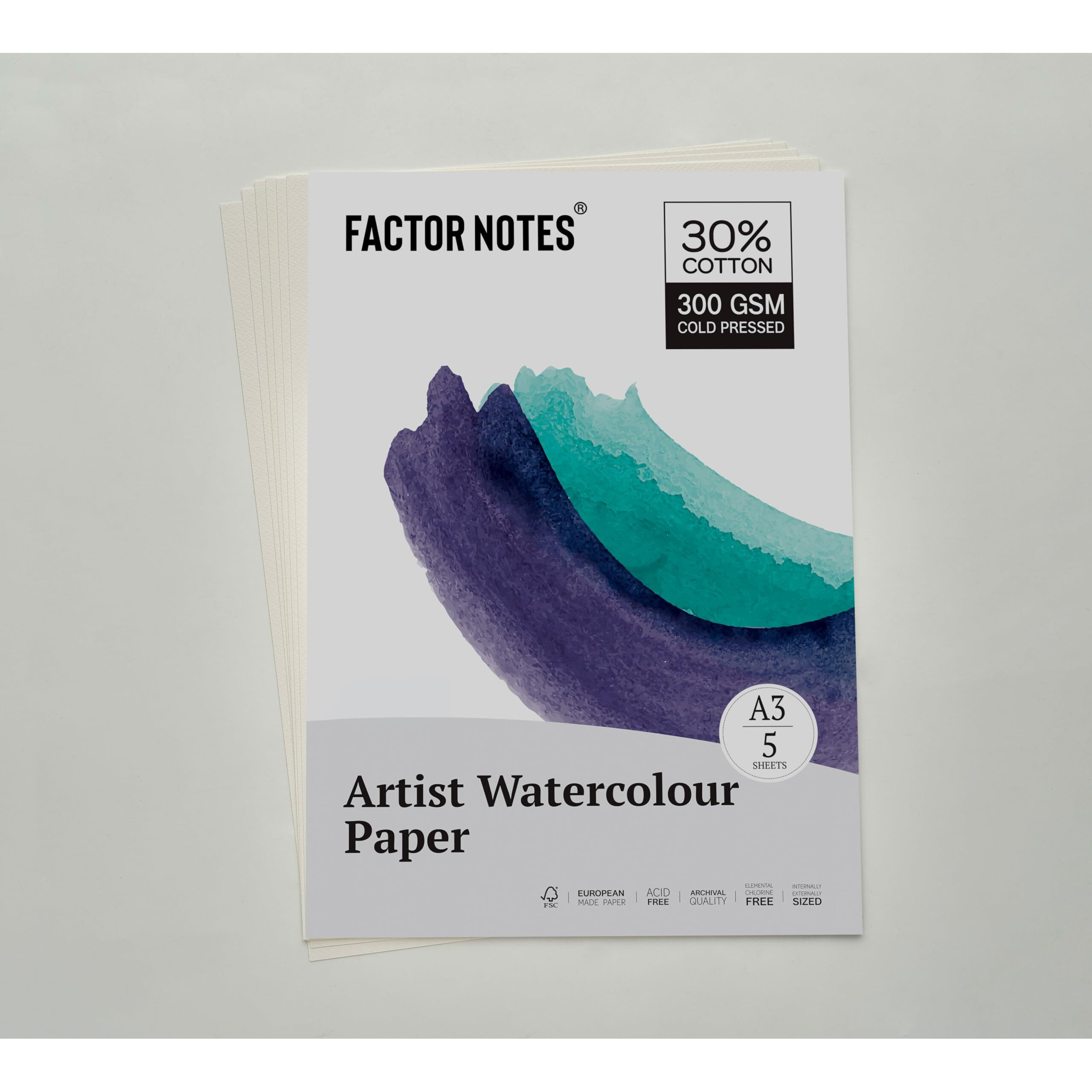 Factor Notes A3 Watercolour Sheet 300 Gsm|30% Cotton | 5 Sheets | Cold-Pressed|Acidfree, Watercolor