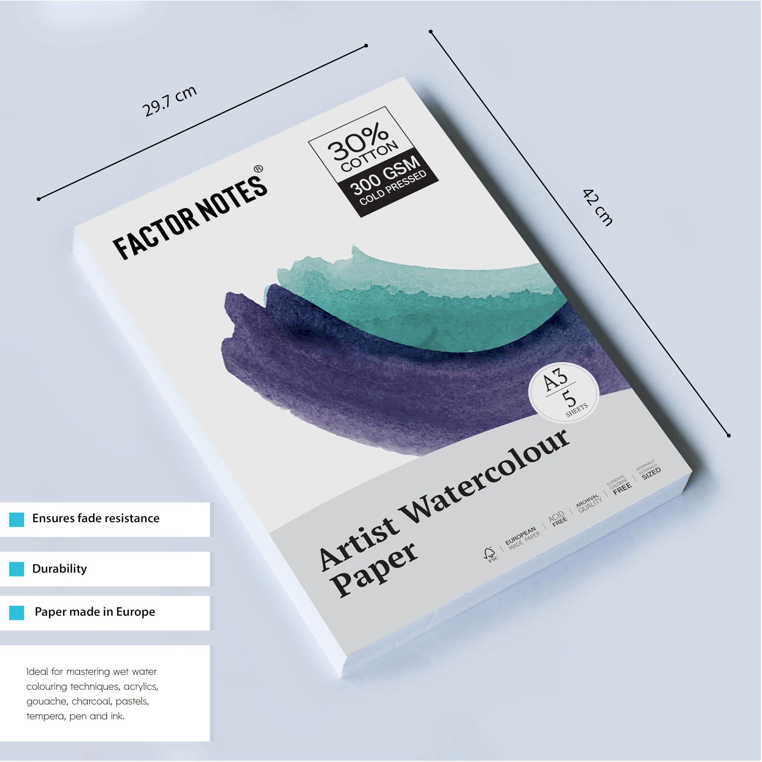 Factor Notes A3 Watercolour Sheet 300 Gsm|30% Cotton | 5 Sheets | Cold-Pressed|Acidfree, Watercolor