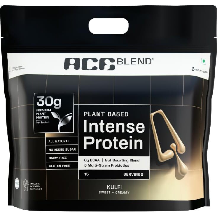 Ace Blend Intense 30G A-Grade Plant Protein Powder | 15 Servings | Kulfi Flavour | Complete Amino Acid Profile | Probiotics + Fiber | 6G Bcaa | 95%+ Bio | Advanced Lean Muscle Growth & Recovery Drink