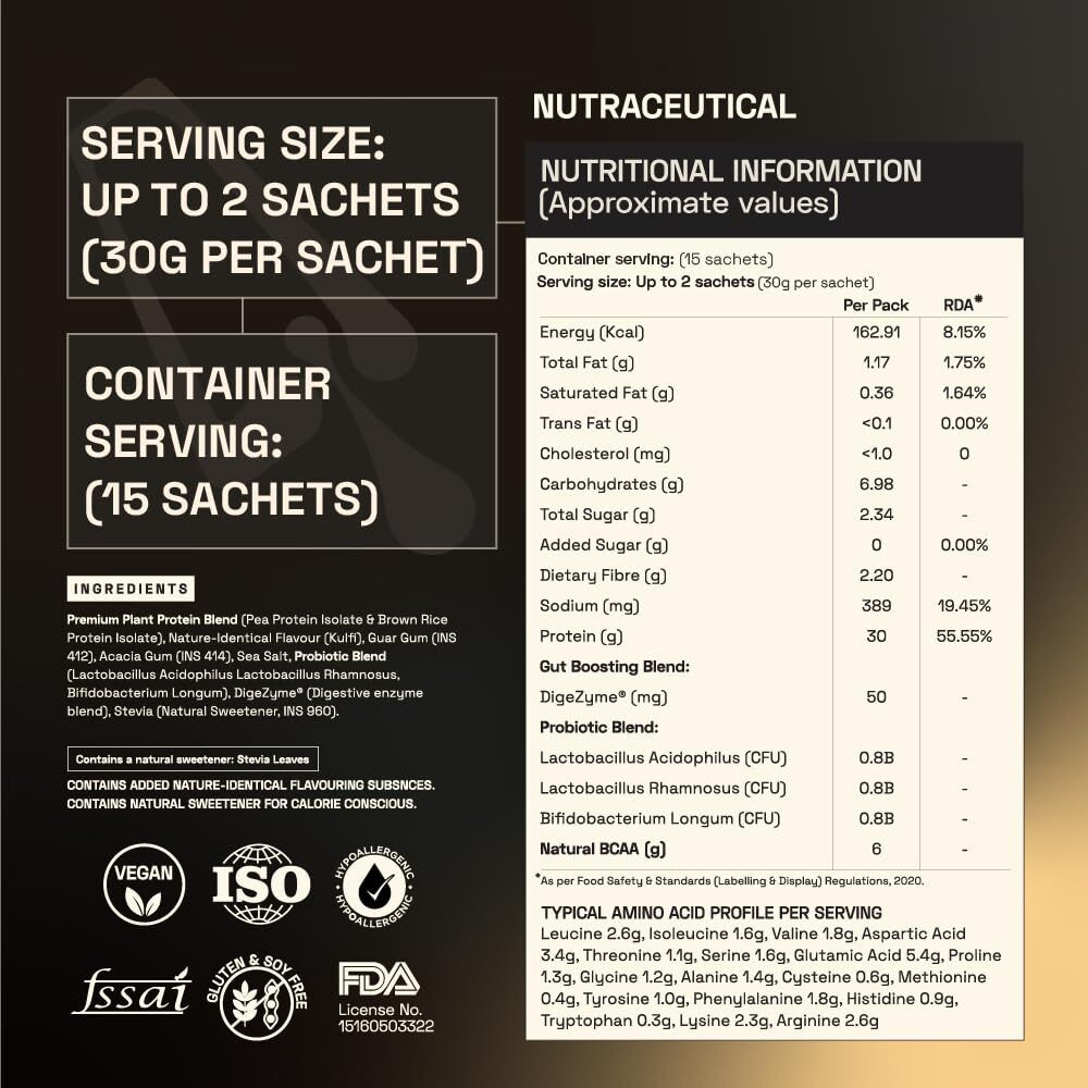 Ace Blend Intense 30G A-Grade Plant Protein Powder | 15 Servings | Kulfi Flavour | Complete Amino Acid Profile | Probiotics + Fiber | 6G Bcaa | 95%+ Bio | Advanced Lean Muscle Growth & Recovery Drink