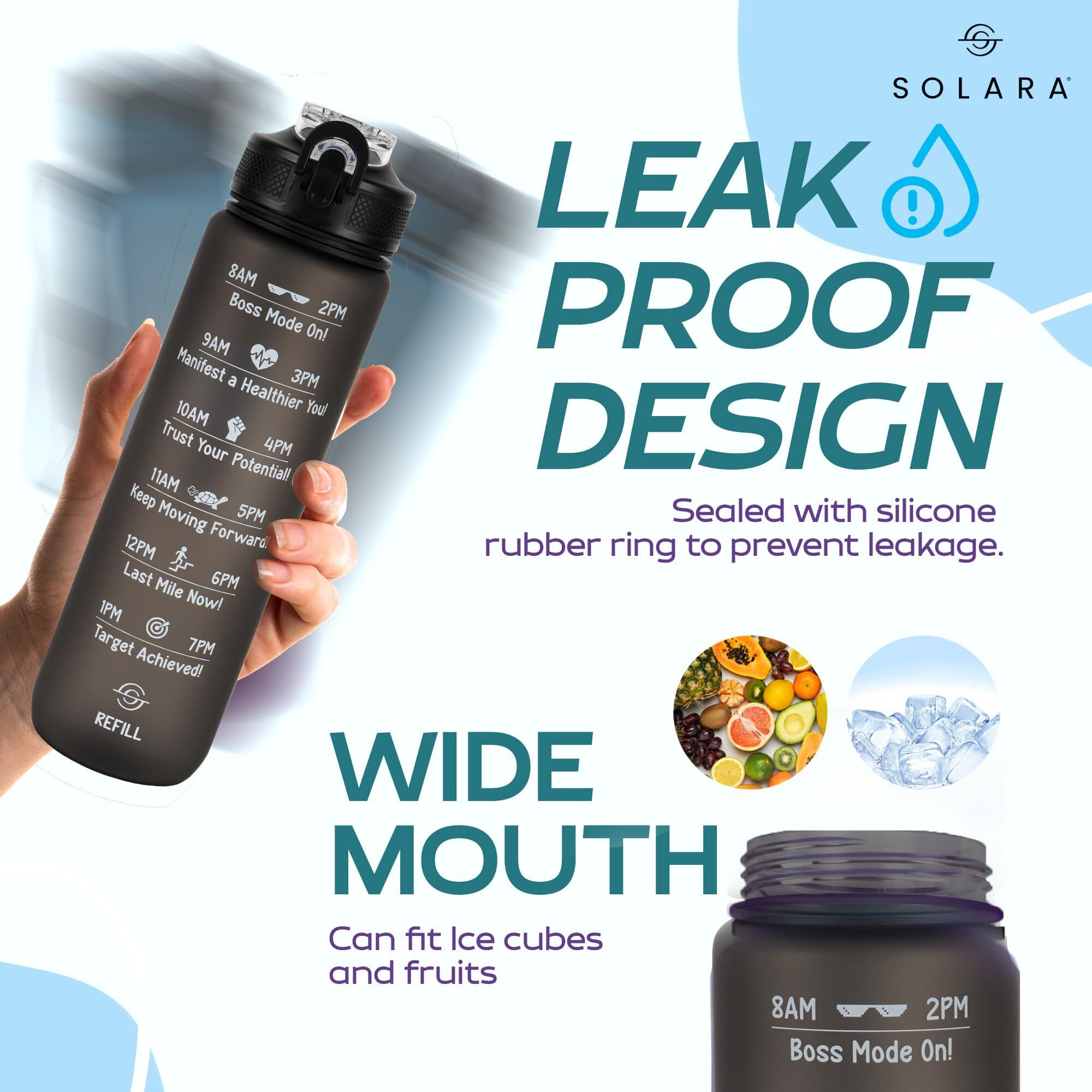 Solara Sipper Water Bottle For Adults 2 Litre With Motivational Time Marker, Leakproof Durable Bpa Free Non-Toxic Tritan Water Bottle For Gym, Home, Travel, Sports, Gifts And Office, Orange Teal