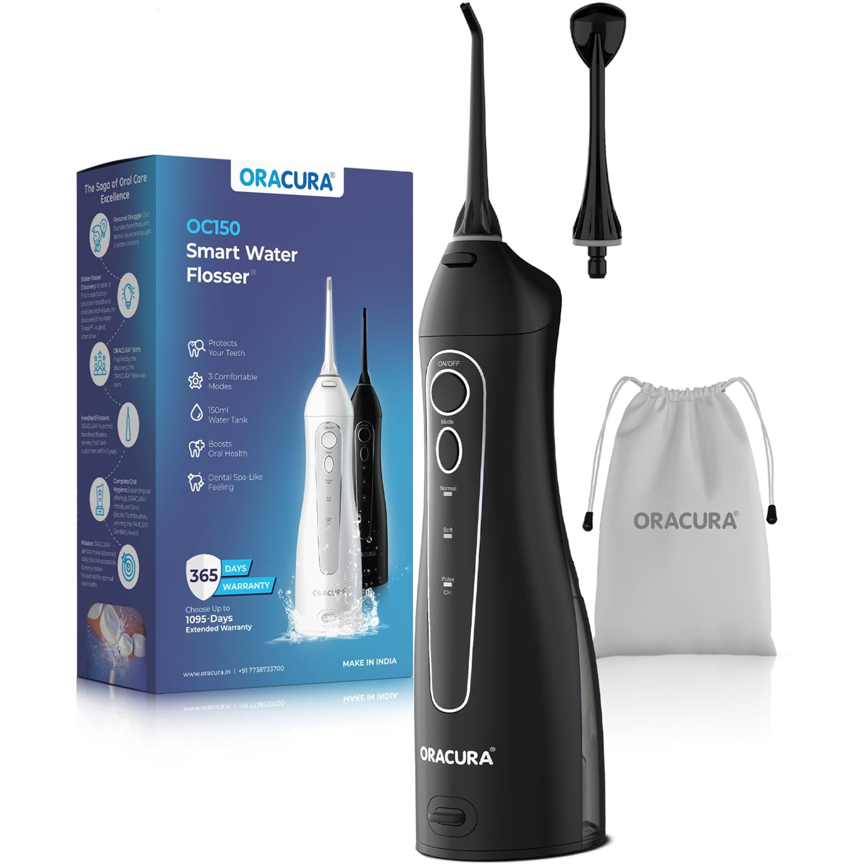Oracura Smart Water Flosser Oc150 Lite With 150Ml Water Tank Capacity Black | Portable & Rechargeable | Ipx7 Waterproof | 3 Modes | Flossing At Home And Travel | 365 Days Warranty