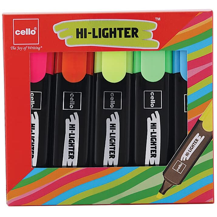 Cello Hi-Lighter (Pack Of 5, Vivid Colors - Yellow, Pink, Peach, Orange And Purple) | Easily Applicable Chisel Highlighters | School & Office Stationery