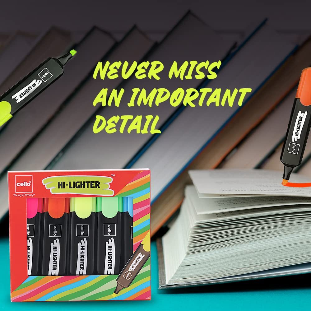 Cello Hi-Lighter (Pack Of 5, Vivid Colors - Yellow, Pink, Peach, Orange And Purple) | Easily Applicable Chisel Highlighters | School & Office Stationery