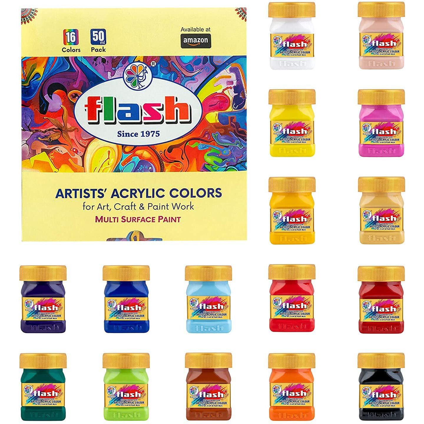 Flash Acrylic Colour Set For Adults Kids Professionals-16 Acrylic Painting Colour Set Of 50Ml Each-High Pigment Strength Eco Friendly Non Fading Non Toxic Multi Surface Acrylic Paint (50 Ml Each, 16 Colours)
