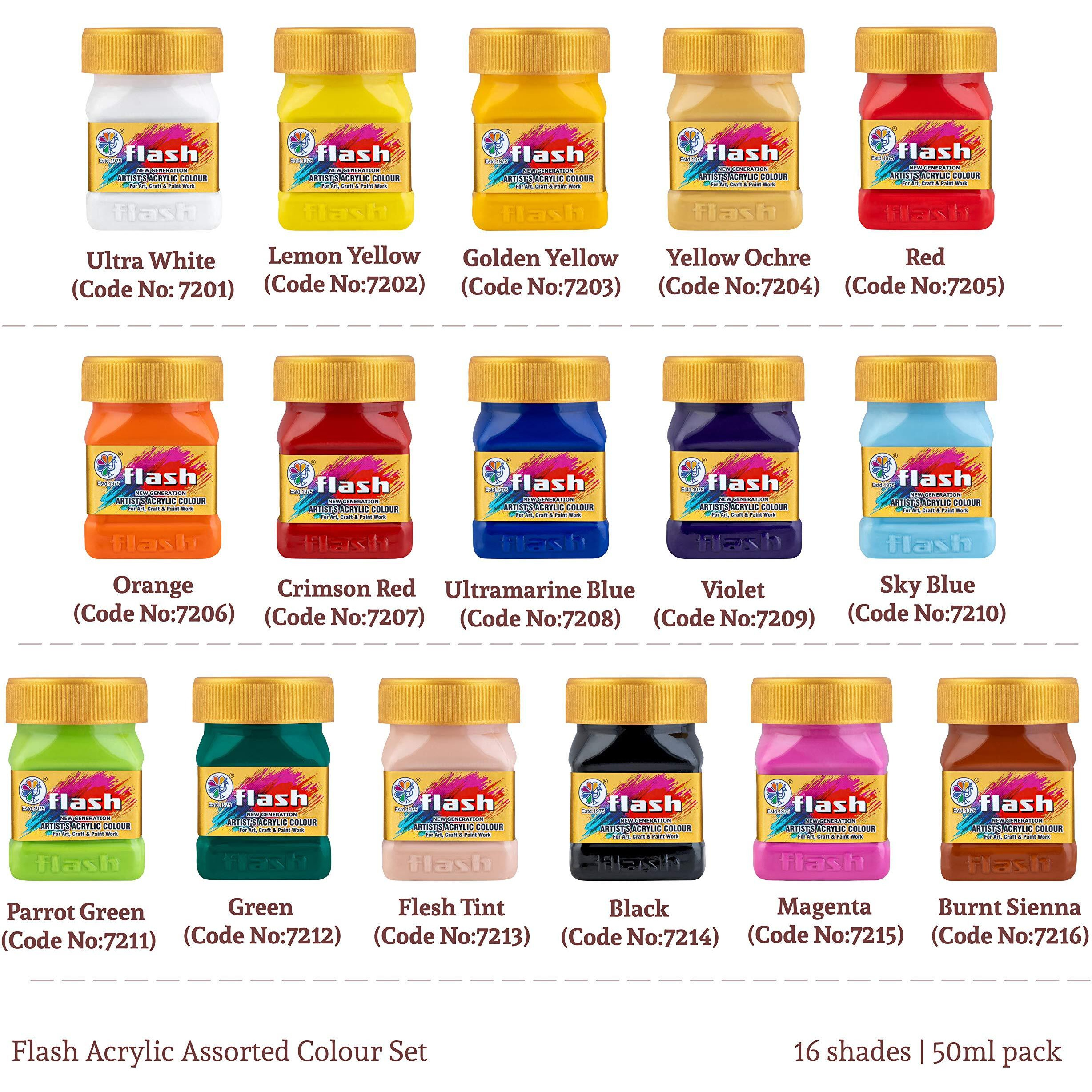 Flash Acrylic Colour Set For Adults Kids Professionals-16 Acrylic Painting Colour Set Of 50Ml Each-High Pigment Strength Eco Friendly Non Fading Non Toxic Multi Surface Acrylic Paint (50 Ml Each, 16 Colours)