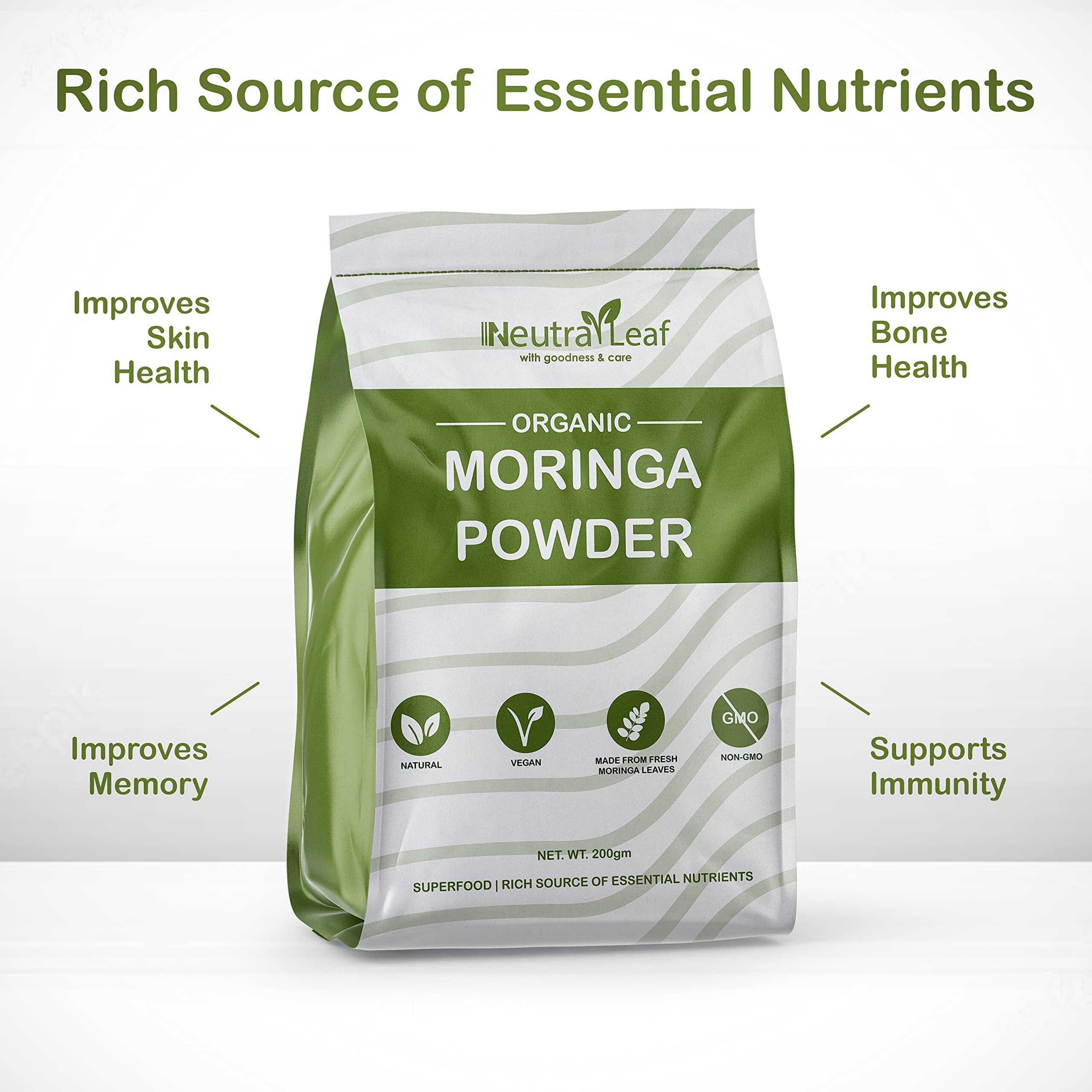 Neutra Leaf Organic Moringa Powder 200G Meets Daily Nutrition Superfood For Drinking, Eating, Apply | Overall Health Boost, Immunity, Digestion & Energy