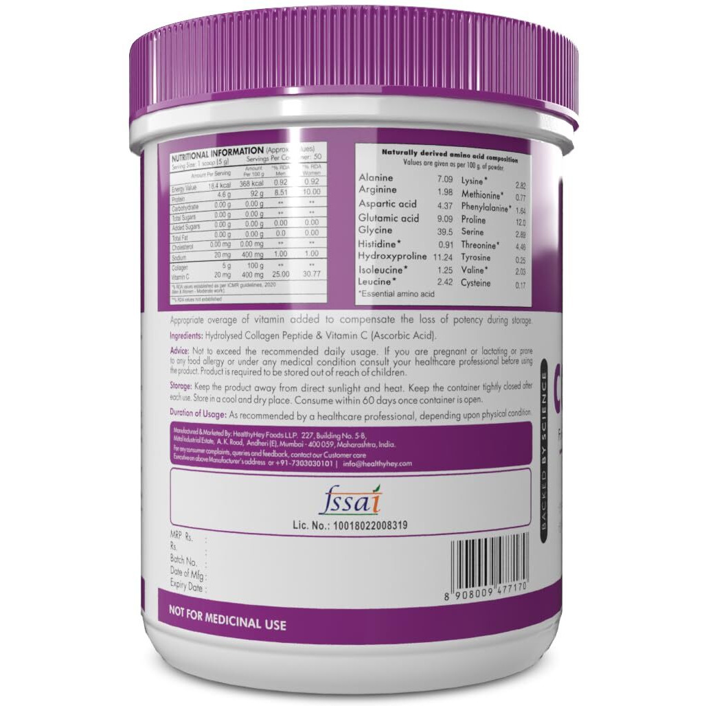 Healthyhey Nutrition Collagen Powder|Collagen Supplement For Glowing Skin|Pure Hydrolysed Collagen Powder For Women & Men|Unflavoured - Pack Of 1-250 Grams