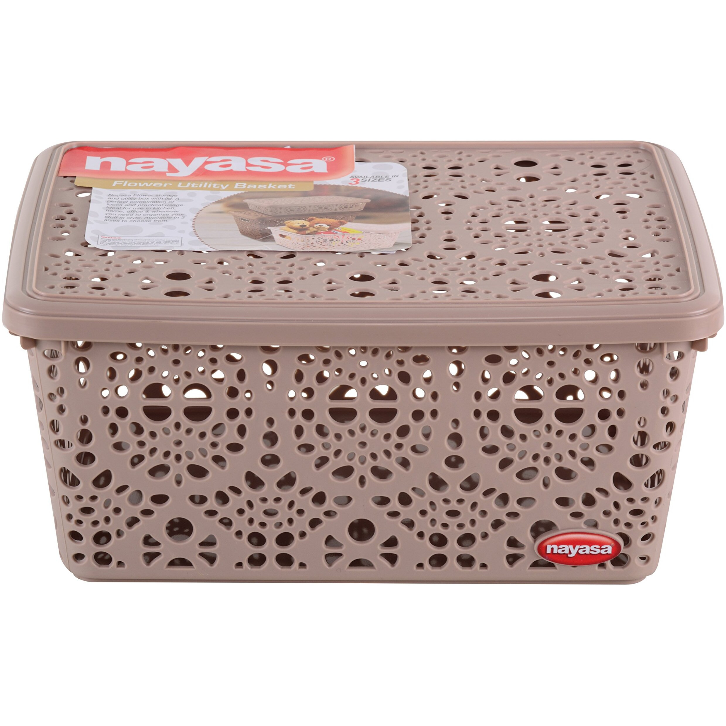 Nayasa Flower Storage Box Medium | Plastic Basket With Lid | Multipurpose Basket With Lid | Organizer Basket With Lid | Brown