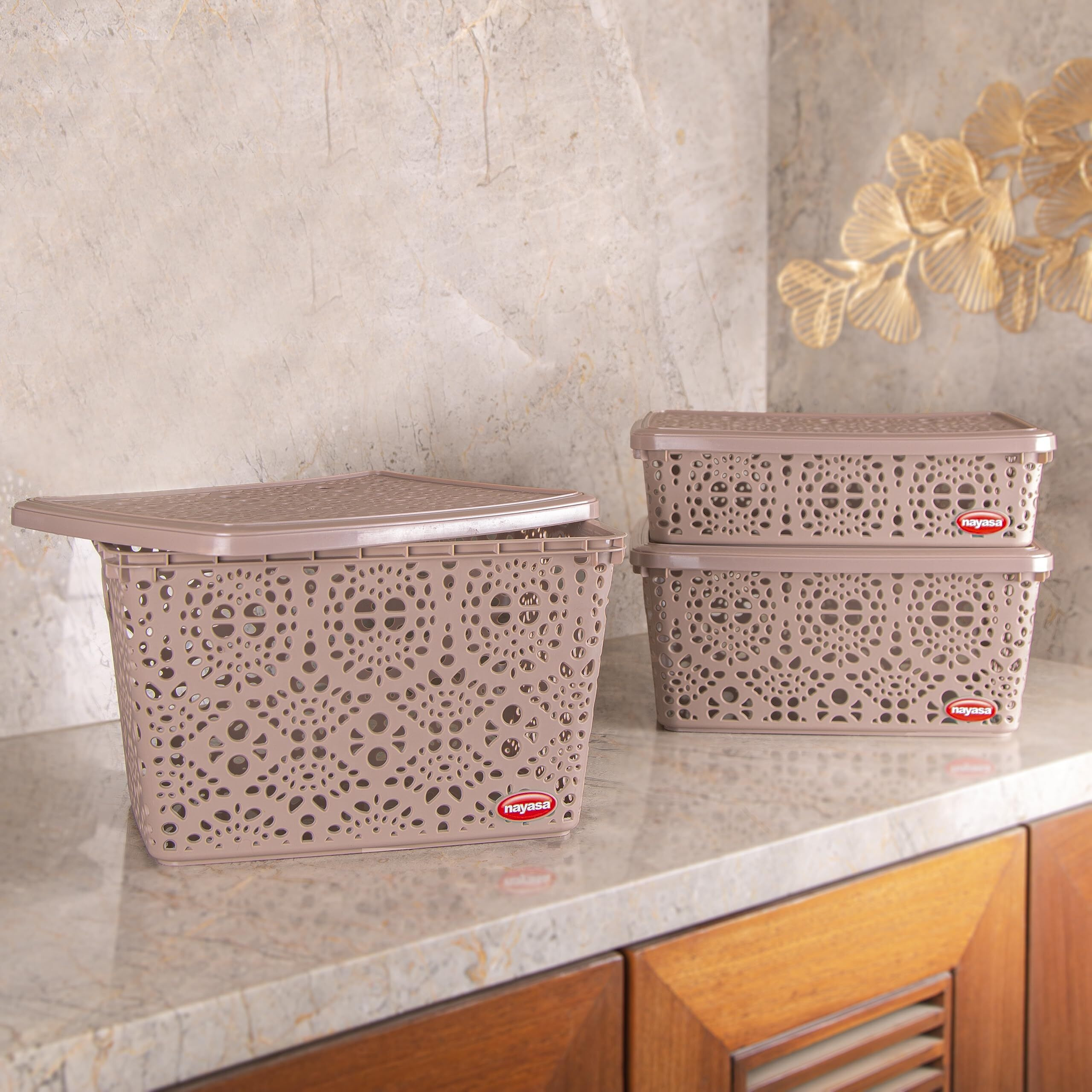 Nayasa Flower Storage Box Medium | Plastic Basket With Lid | Multipurpose Basket With Lid | Organizer Basket With Lid | Brown