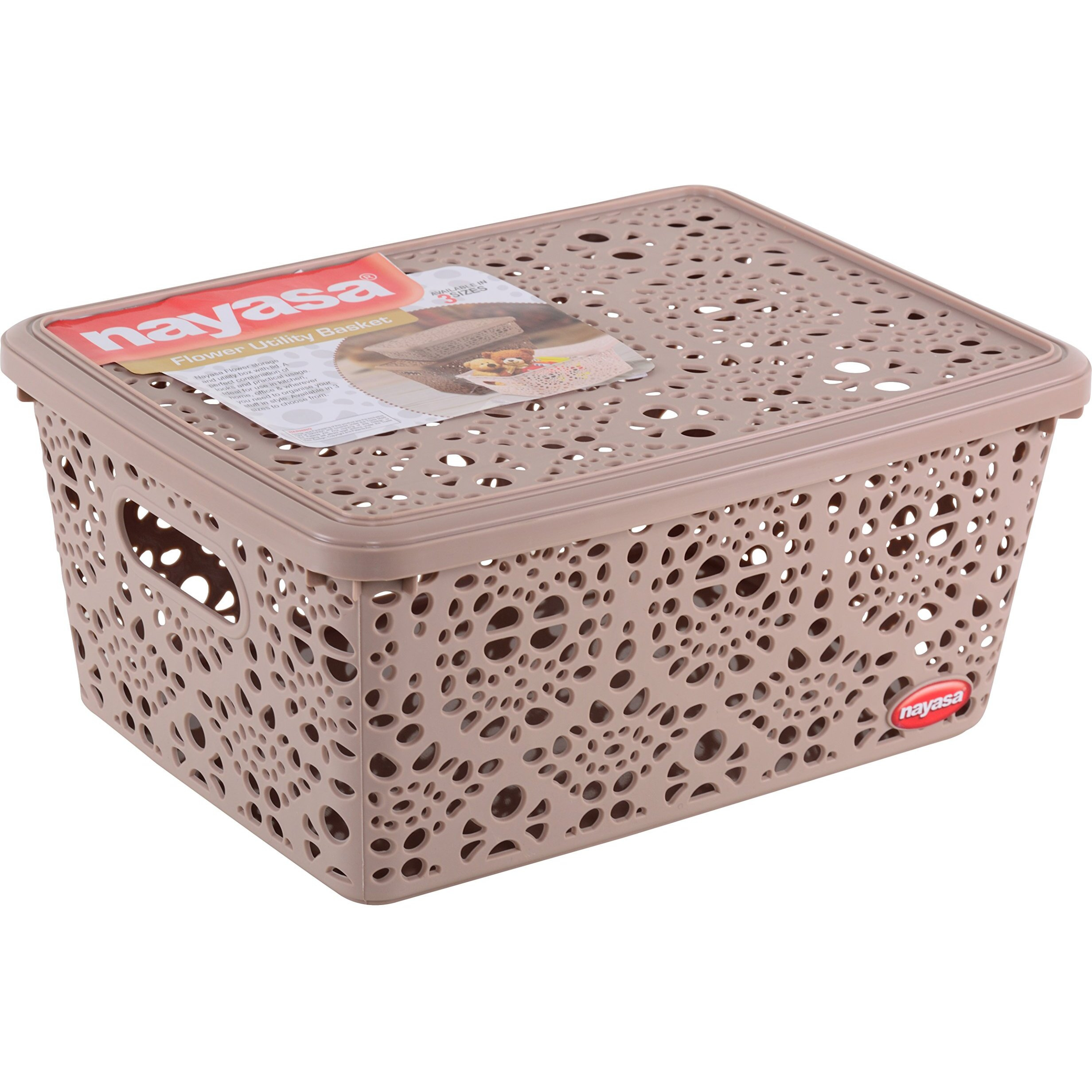 Nayasa Flower Storage Box Medium | Plastic Basket With Lid | Multipurpose Basket With Lid | Organizer Basket With Lid | Brown