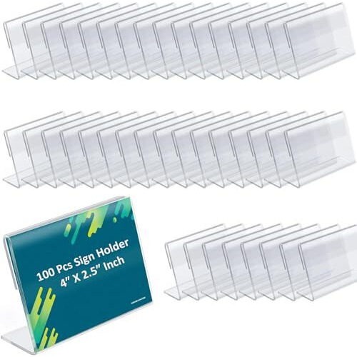 Shuban Acrylic Sign Holder L-Shape Acrylic Table Display Label Price Tag Name Card Holder Stands For School Office Counter Restaurants Supermarket (04X2.5 Inch - 100Pcs)
