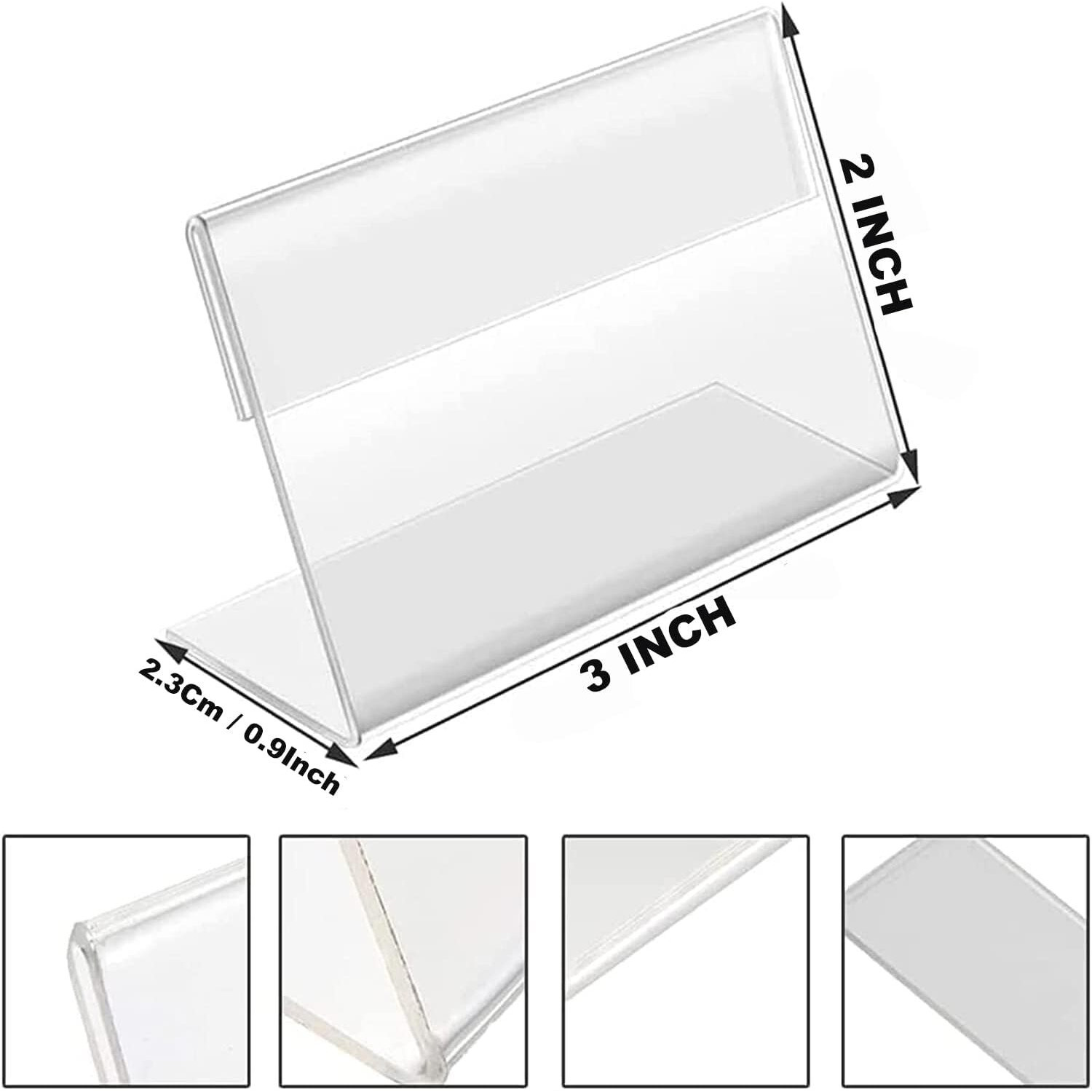 Shuban Acrylic Sign Holder L-Shape Acrylic Table Display Label Price Tag Name Card Holder Stands For School Office Counter Restaurants Supermarket (03X2 Inch - 100Pcs)