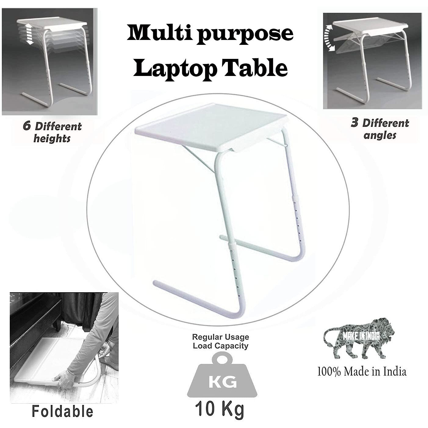 Bi3 Metal Epoxy Coating Multipurpose Laptop Study Table Strong Top 6 Heights 3 Angles Portable Adjustable Foldable (Milk White)