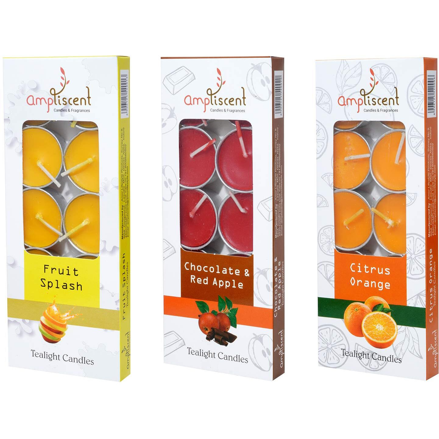 Ampliscent Tea Lights Candles Aromatherapy Candle Natural Soy Wax For Candle Holder And Gift Set (Chocolate Red Apple + Fruit Splash + Citrus Orange) (Pack Of 3, 30 Candles)