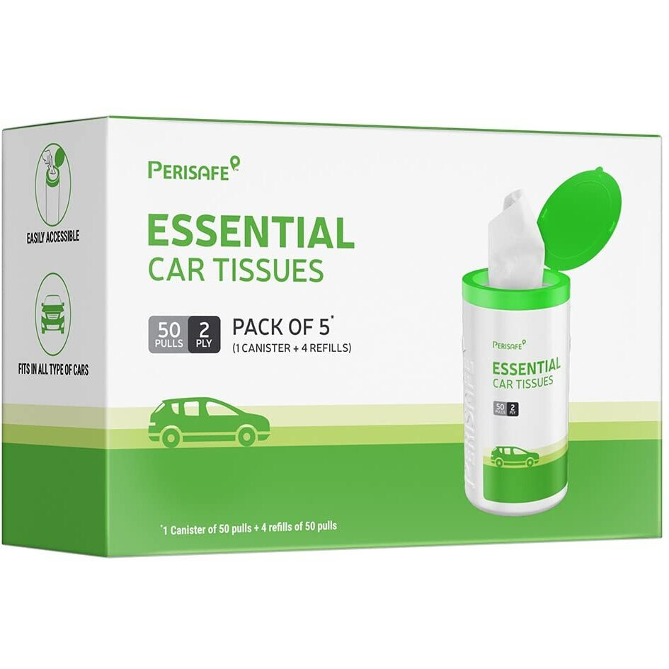 Perisafe Essential Car Tissues Pack Of 5 (50 Pulls 2 Ply250 Pulls) | Fits In All Type Of Car Cup Holder| Easily Accessible |Soft, Eco Friendly & Chemical Free |1 Canister Of 50 Pulls + 4 Refill