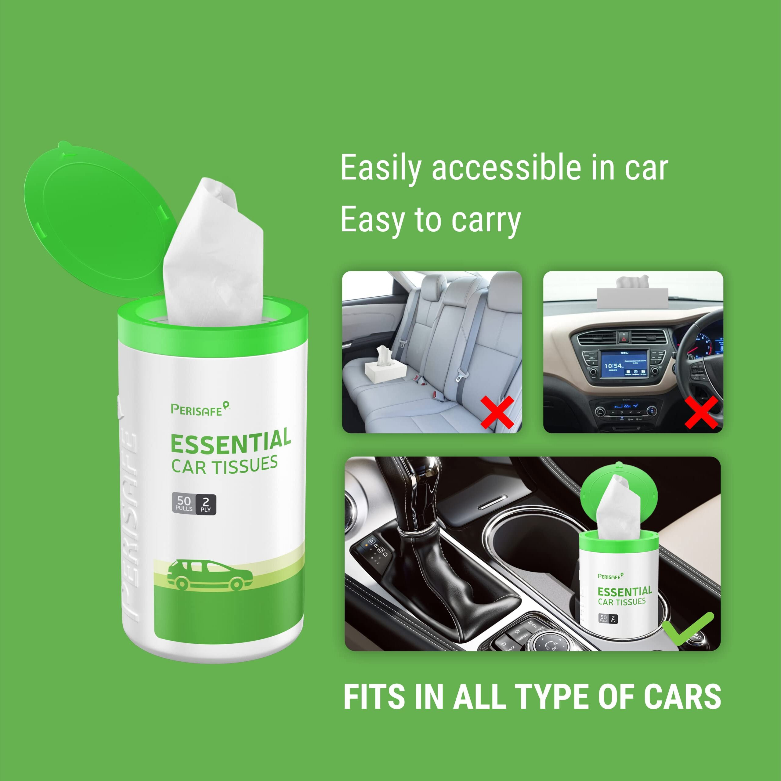 Perisafe Essential Car Tissues Pack Of 5 (50 Pulls 2 Ply250 Pulls) | Fits In All Type Of Car Cup Holder| Easily Accessible |Soft, Eco Friendly & Chemical Free |1 Canister Of 50 Pulls + 4 Refill
