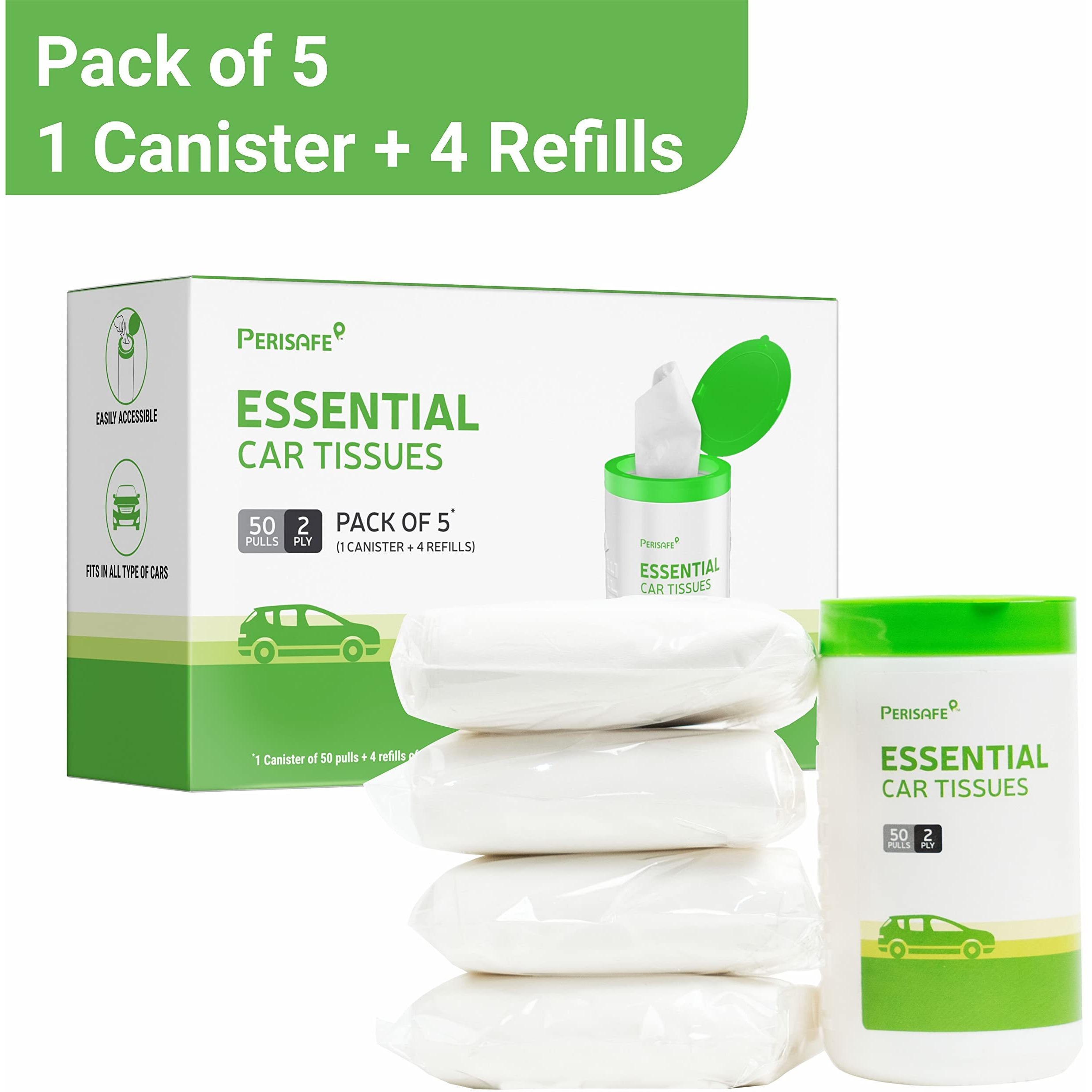 Perisafe Essential Car Tissues Pack Of 5 (50 Pulls 2 Ply250 Pulls) | Fits In All Type Of Car Cup Holder| Easily Accessible |Soft, Eco Friendly & Chemical Free |1 Canister Of 50 Pulls + 4 Refill