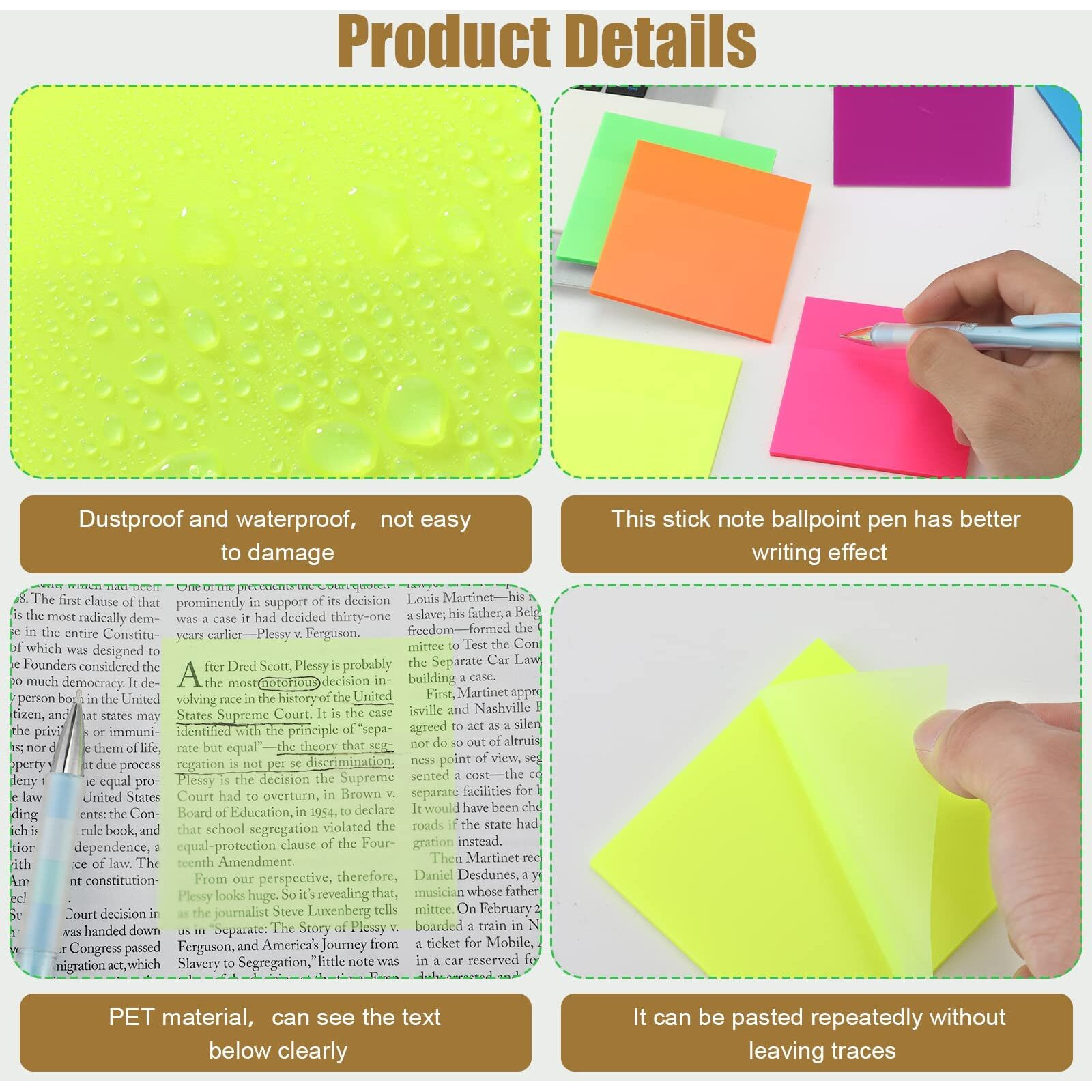 Aminit Transparent Sticky Notes Pastel Sticky Note Clear Self-Sticky Annotation, Waterproof Translucent Color Memo Pad For Office & School Pack 3