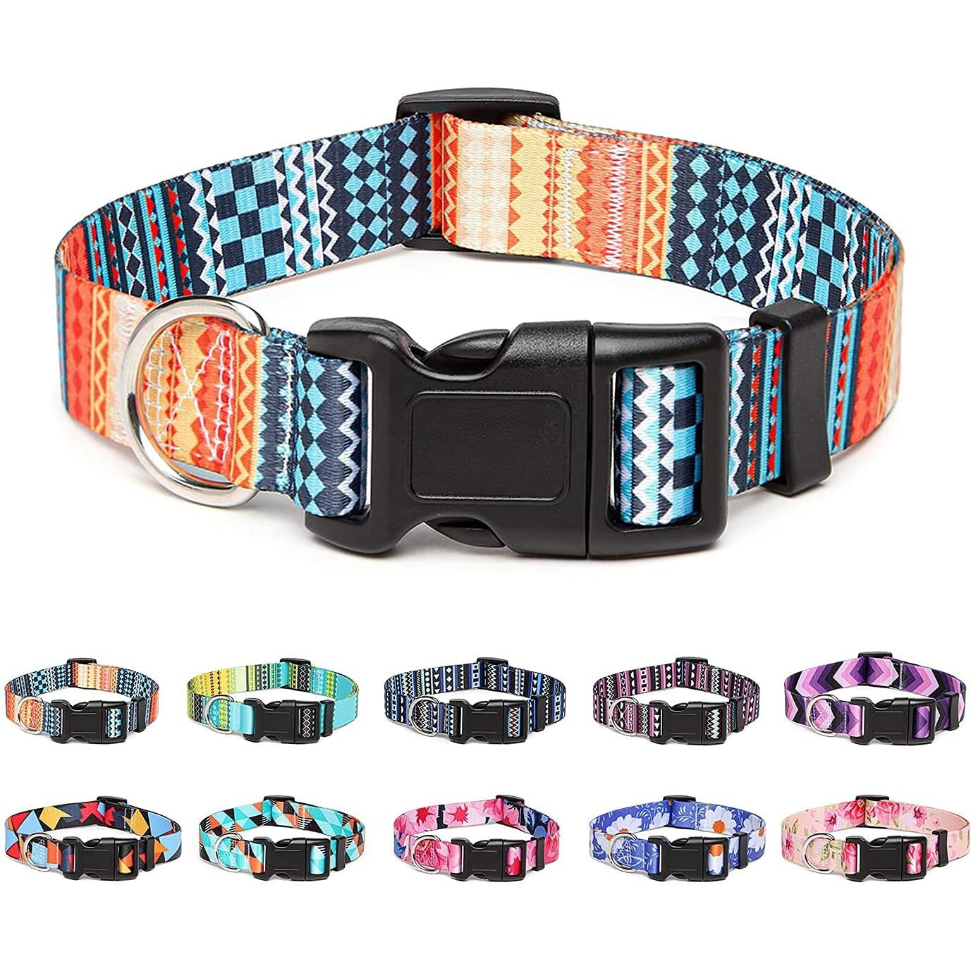Qpets Stainless Steel Polyester Plastic Nylon Bohemia Style Dog Collar With Patterns Adjustable 33-55Cm Soft Comfy Pet Collars Dog Belt For Small Medium Large 15-30Kg Dogs (SizeM), Multicolor