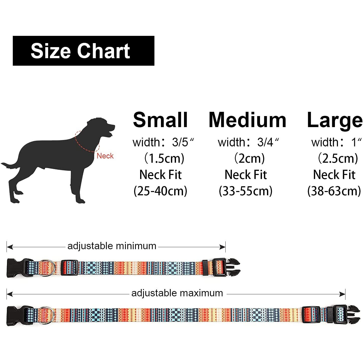 Qpets Stainless Steel Polyester Plastic Nylon Bohemia Style Dog Collar With Patterns Adjustable 33-55Cm Soft Comfy Pet Collars Dog Belt For Small Medium Large 15-30Kg Dogs (SizeM), Multicolor