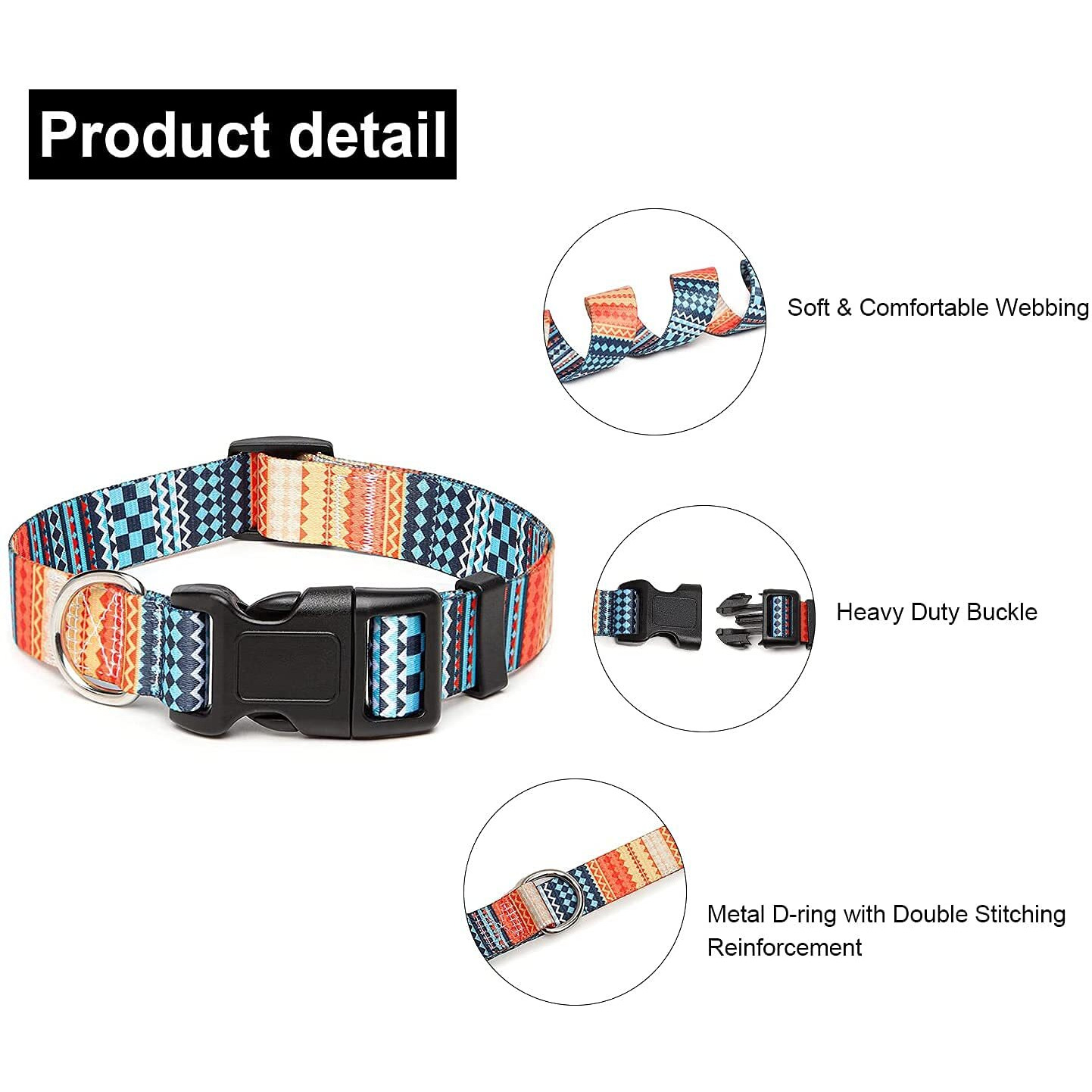 Qpets Stainless Steel Polyester Plastic Nylon Bohemia Style Dog Collar With Patterns Adjustable 33-55Cm Soft Comfy Pet Collars Dog Belt For Small Medium Large 15-30Kg Dogs (SizeM), Multicolor