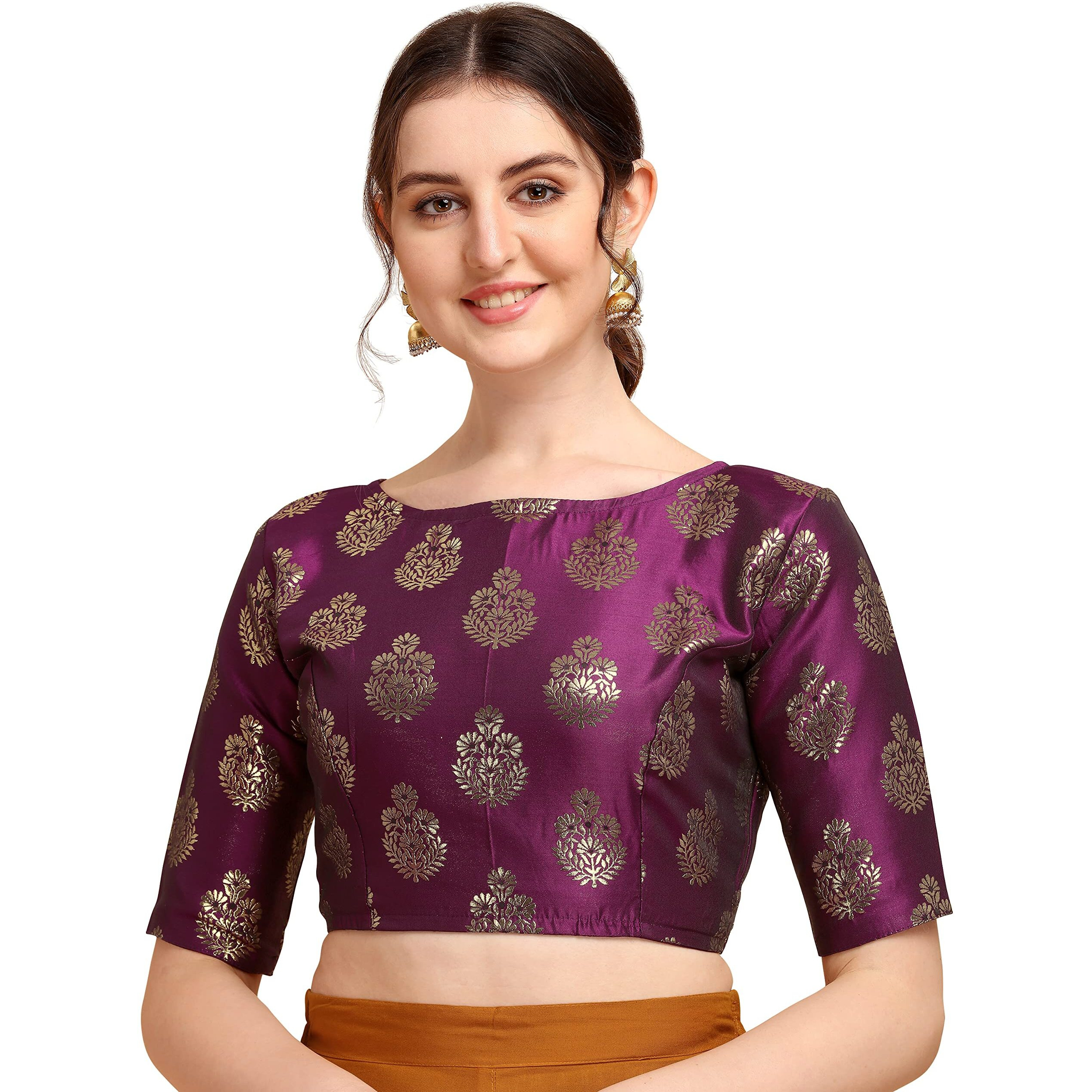 Oomph Women's Indian Ethnic Wear Designer Floral Pattern Zari Work Boat Neck Half Sleeve Readymade Non - Padded Blouse For Saree And Lehnga And Palazzos Or Skirts For A Fusion Twist.
