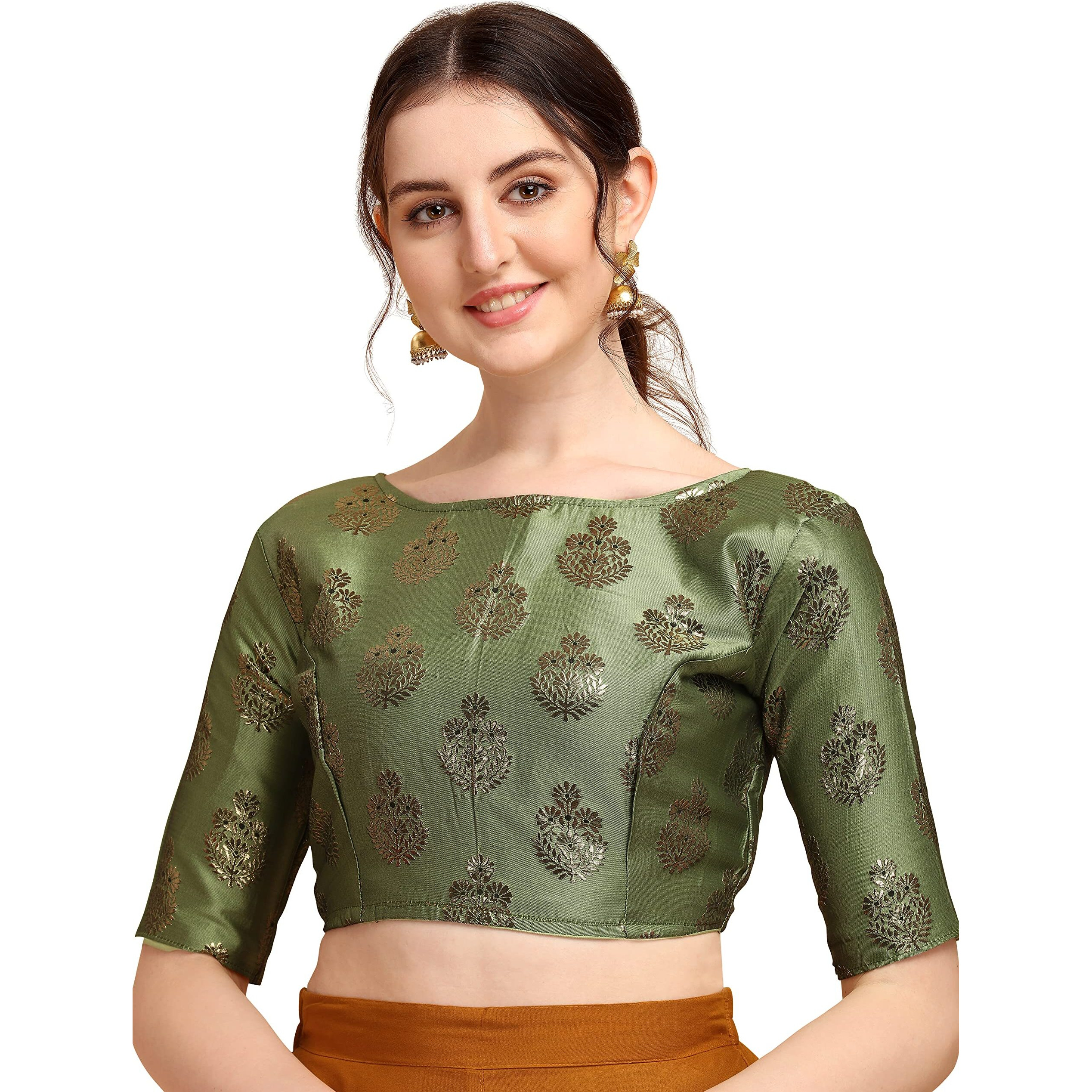 Oomph Women's Indian Ethnic Wear Designer Floral Pattern Zari Work Boat Neck Half Sleeve Readymade Non - Padded Blouse For Saree And Lehnga And Palazzos Or Skirts For A Fusion Twist.
