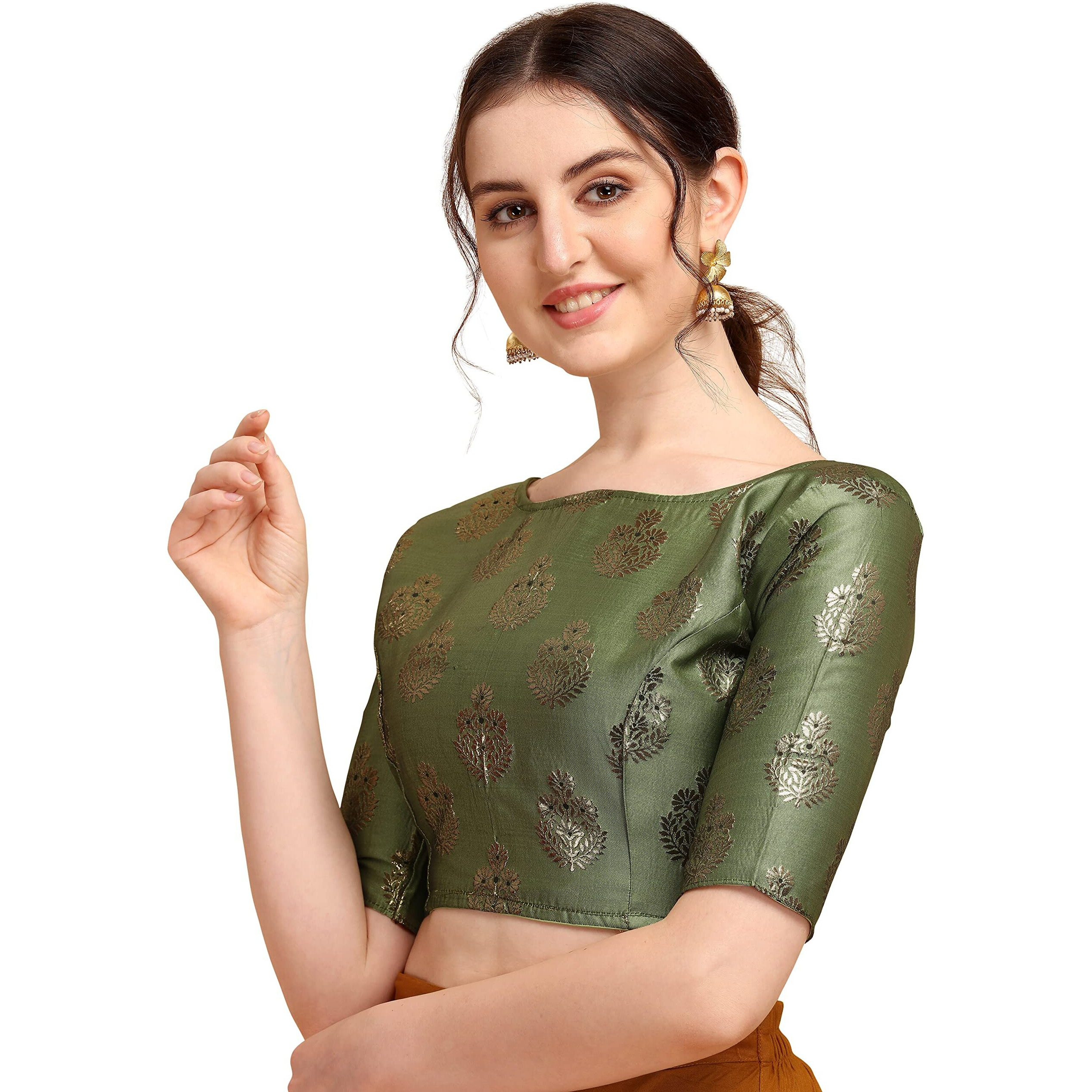 Oomph Women's Indian Ethnic Wear Designer Floral Pattern Zari Work Boat Neck Half Sleeve Readymade Non - Padded Blouse For Saree And Lehnga And Palazzos Or Skirts For A Fusion Twist.