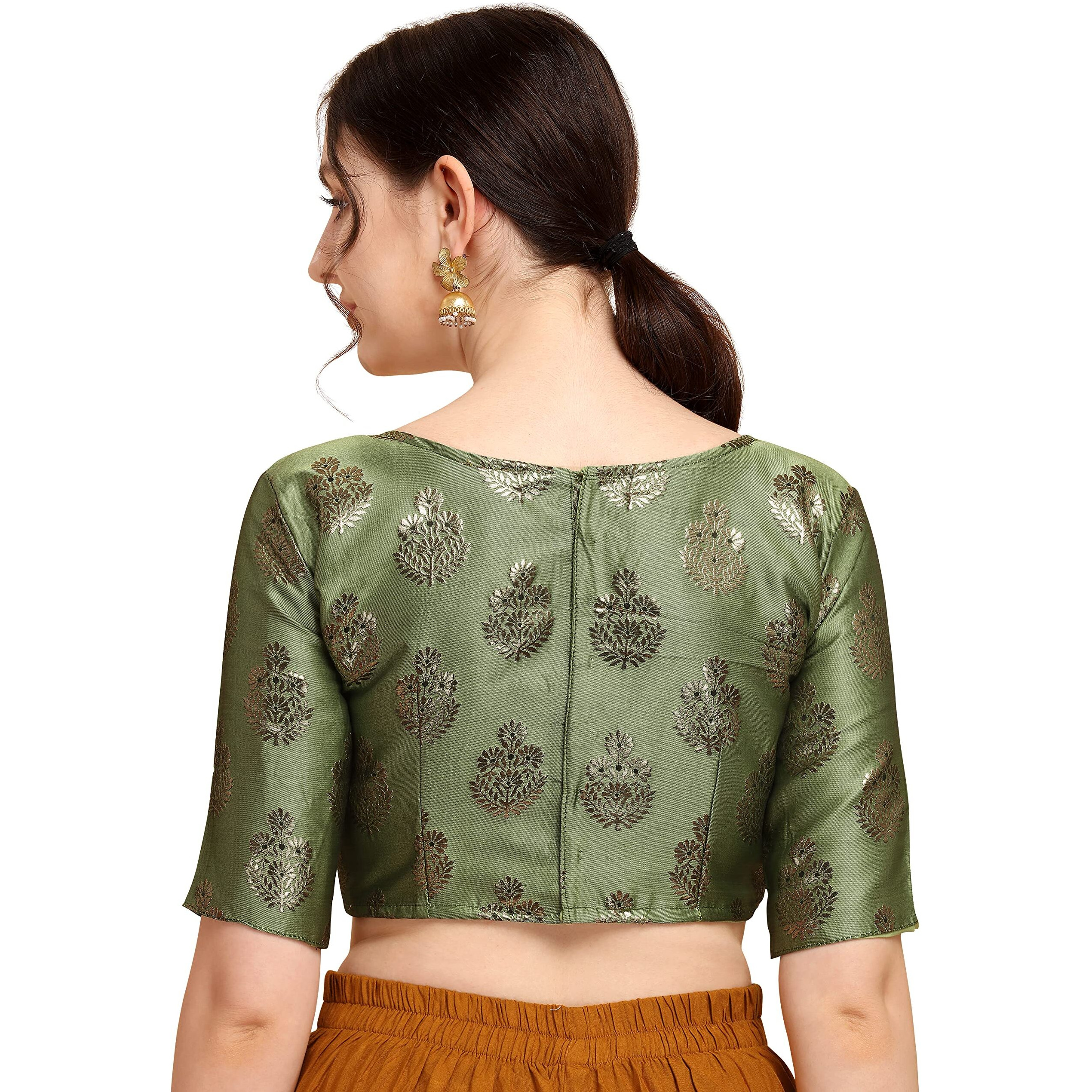 Oomph Women's Indian Ethnic Wear Designer Floral Pattern Zari Work Boat Neck Half Sleeve Readymade Non - Padded Blouse For Saree And Lehnga And Palazzos Or Skirts For A Fusion Twist.