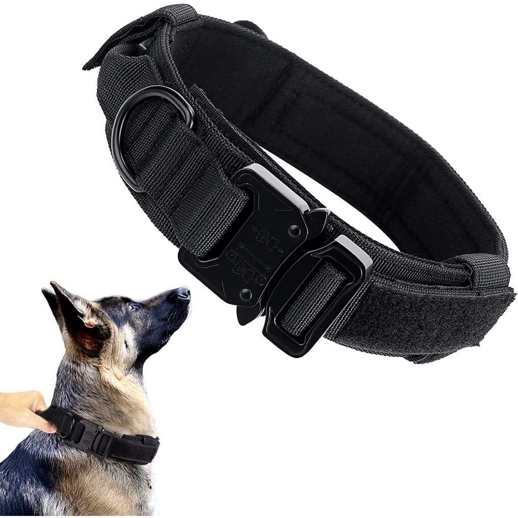 Qpets Dogs Collar For Large Dogs, Adjustable Nylon Tactical Dog Belt With Strap Handle, Dog Training Collar Quick Release Metal Buckle For Medium Adult Dogs (43-52Cm, Black)