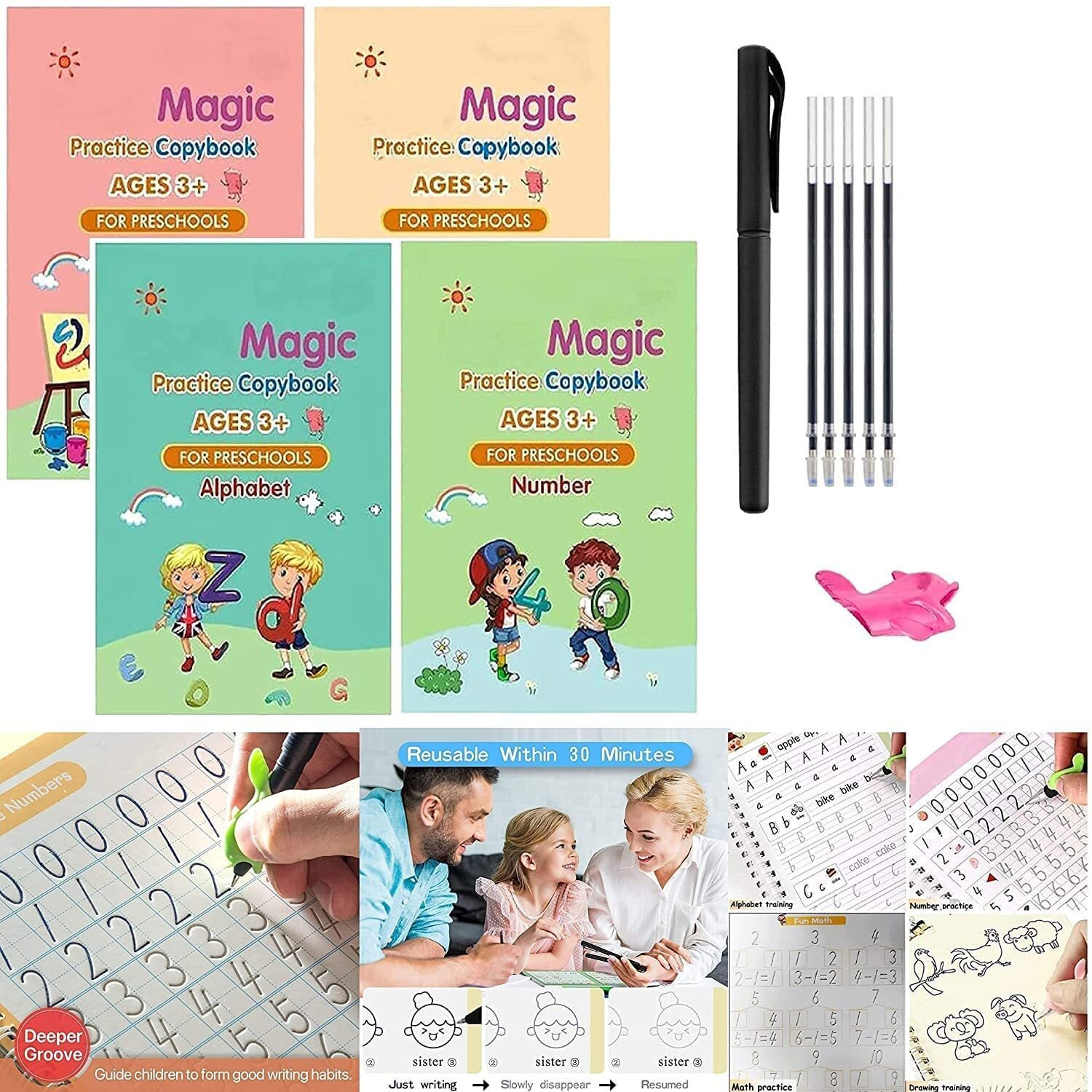 Sanghariyat English Magic Practice Copy Book For Pre-School Kids,Re-Usable Drawing,Alphabet,Numbers And Math Exercise For Children (4 X Books,5 X Refill,1 X Pen,1 X Grip),Multicolor,Small