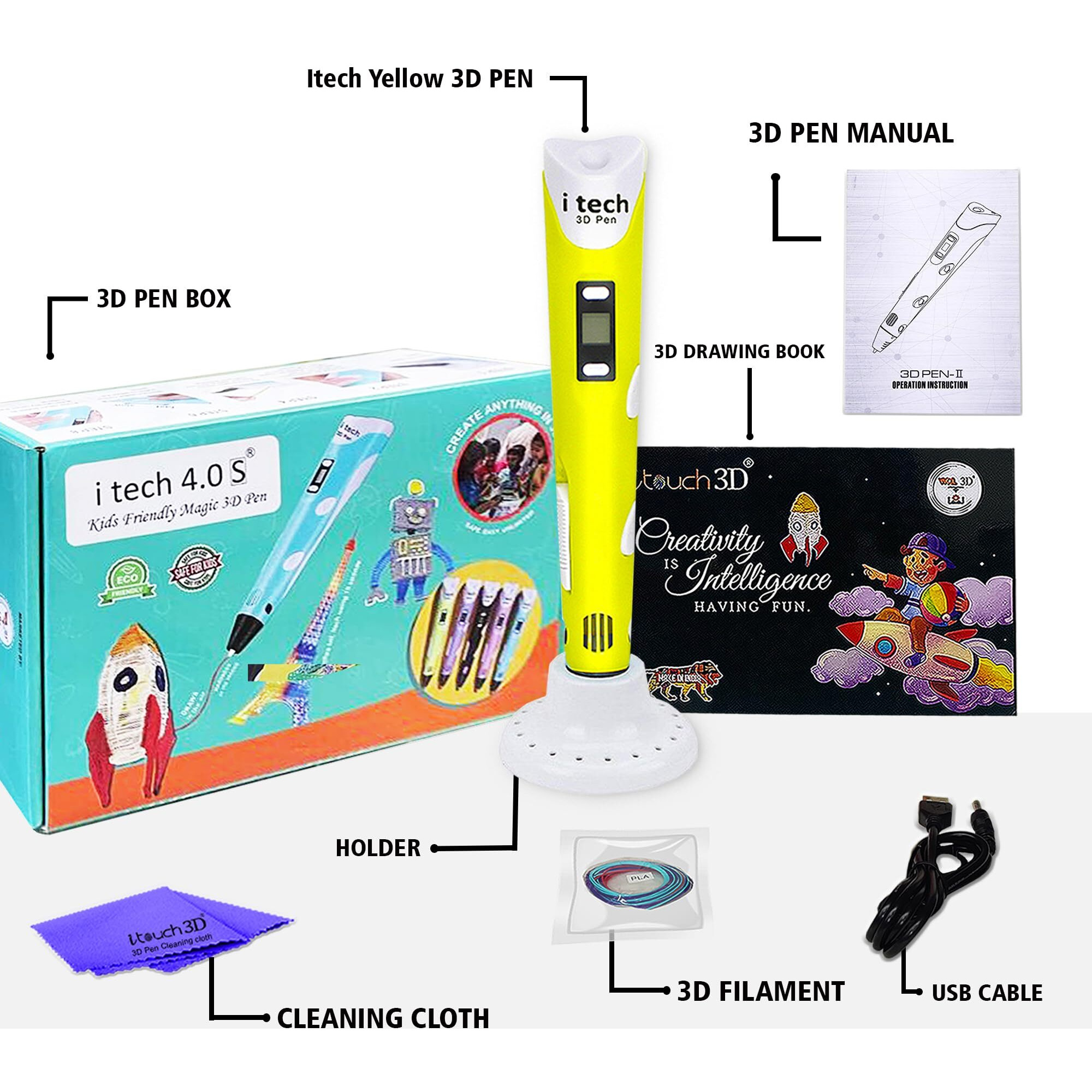 Wol3D Itech (Yellow) Magic 3D Pen For 3D Printing With Speed Control, Advanced Temperature Regulation, Oled Display & Ergonomic Design  Compatible With Variety Of Filaments For Creative Diy, Art.