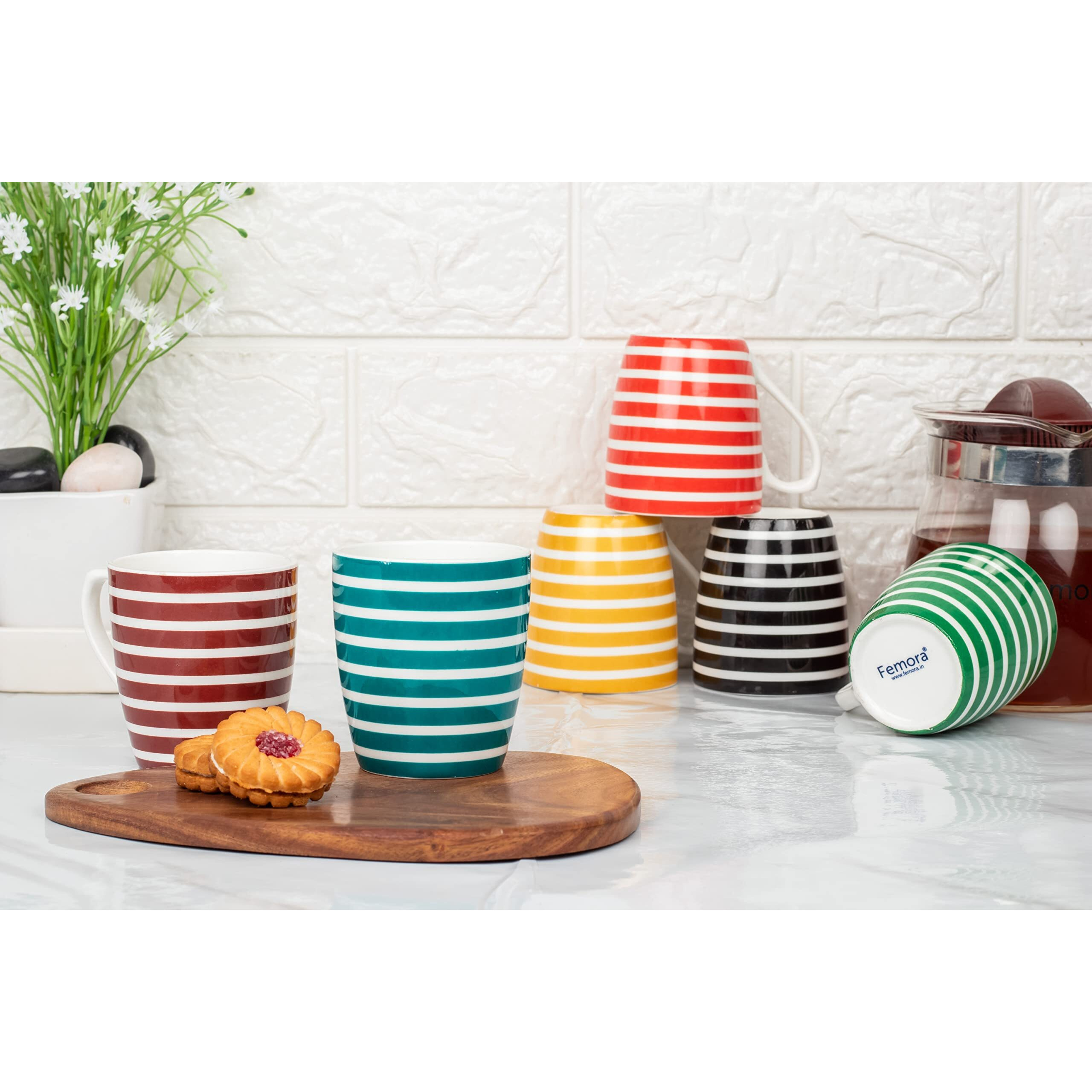 Femora Indian Breton Stripes Multi Color Ceramic Tea Cup, Coffee Mugs, Set Of 6 Pcs, 160 Ml