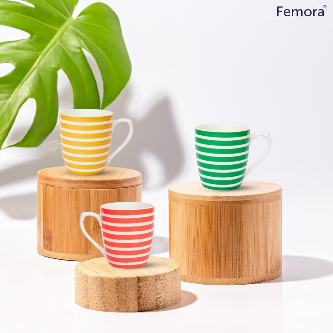 Femora Indian Breton Stripes Multi Color Ceramic Tea Cup, Coffee Mugs, Set Of 6 Pcs, 160 Ml